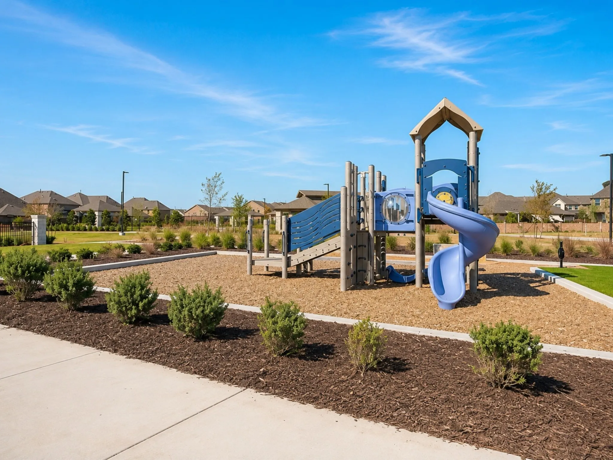 Recreational playground structure featuring multiple slides, climbing elements, and observation panels