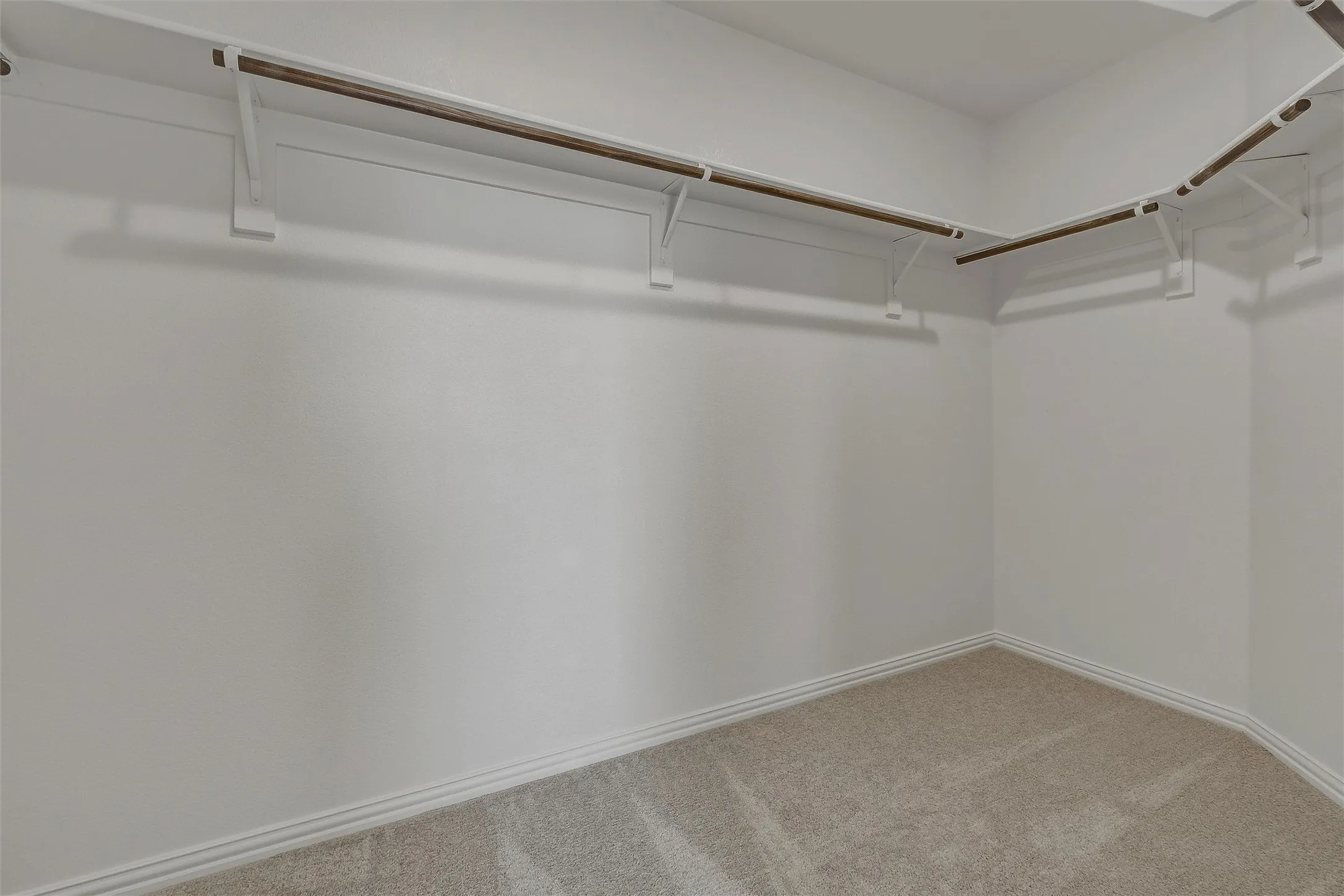 Carpeted walk-in closet with white walls and built-in shelving with hanging rods