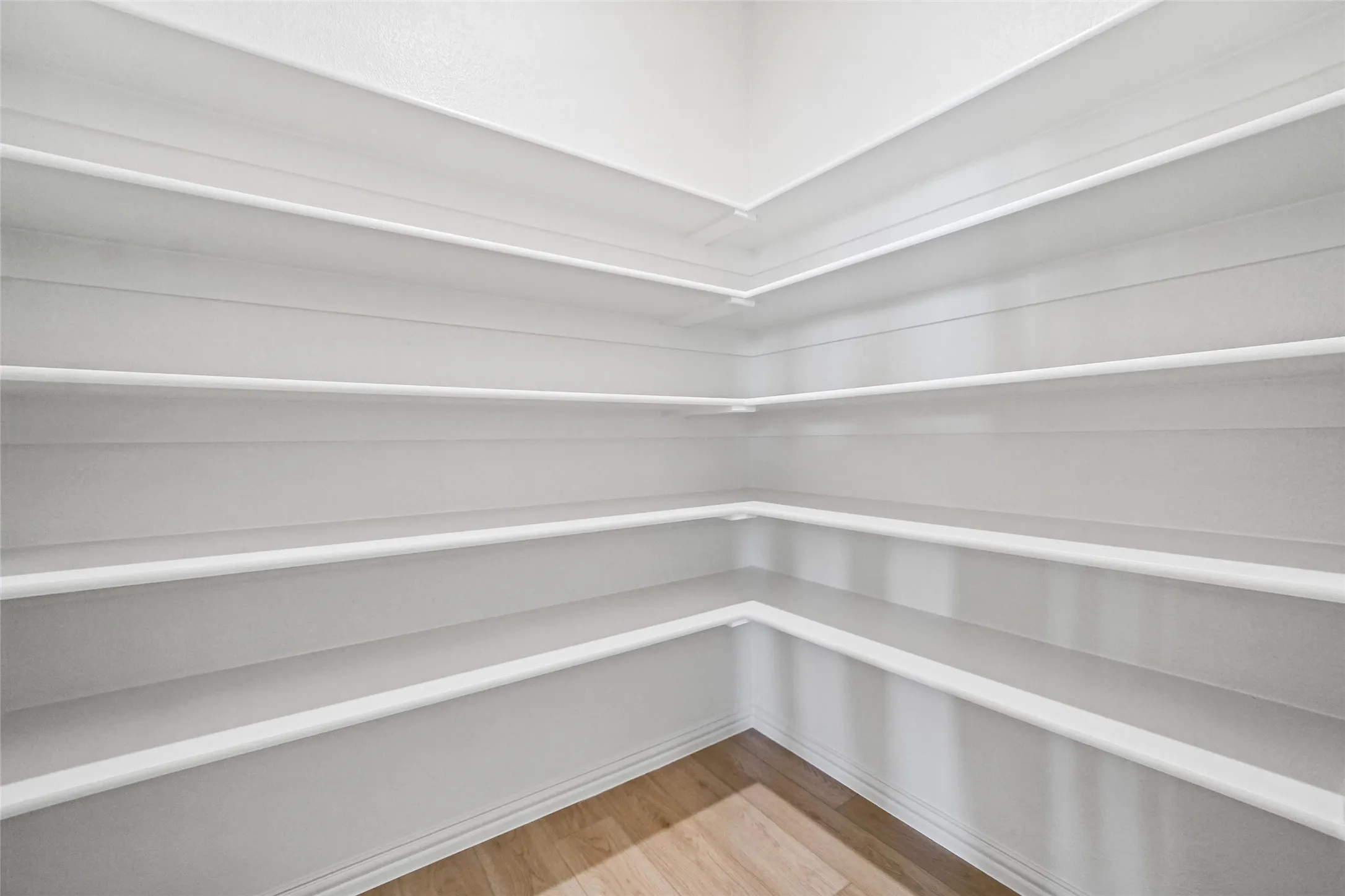 Walk-in storage space featuring wrap-around tiered shelving and wood-finish flooring