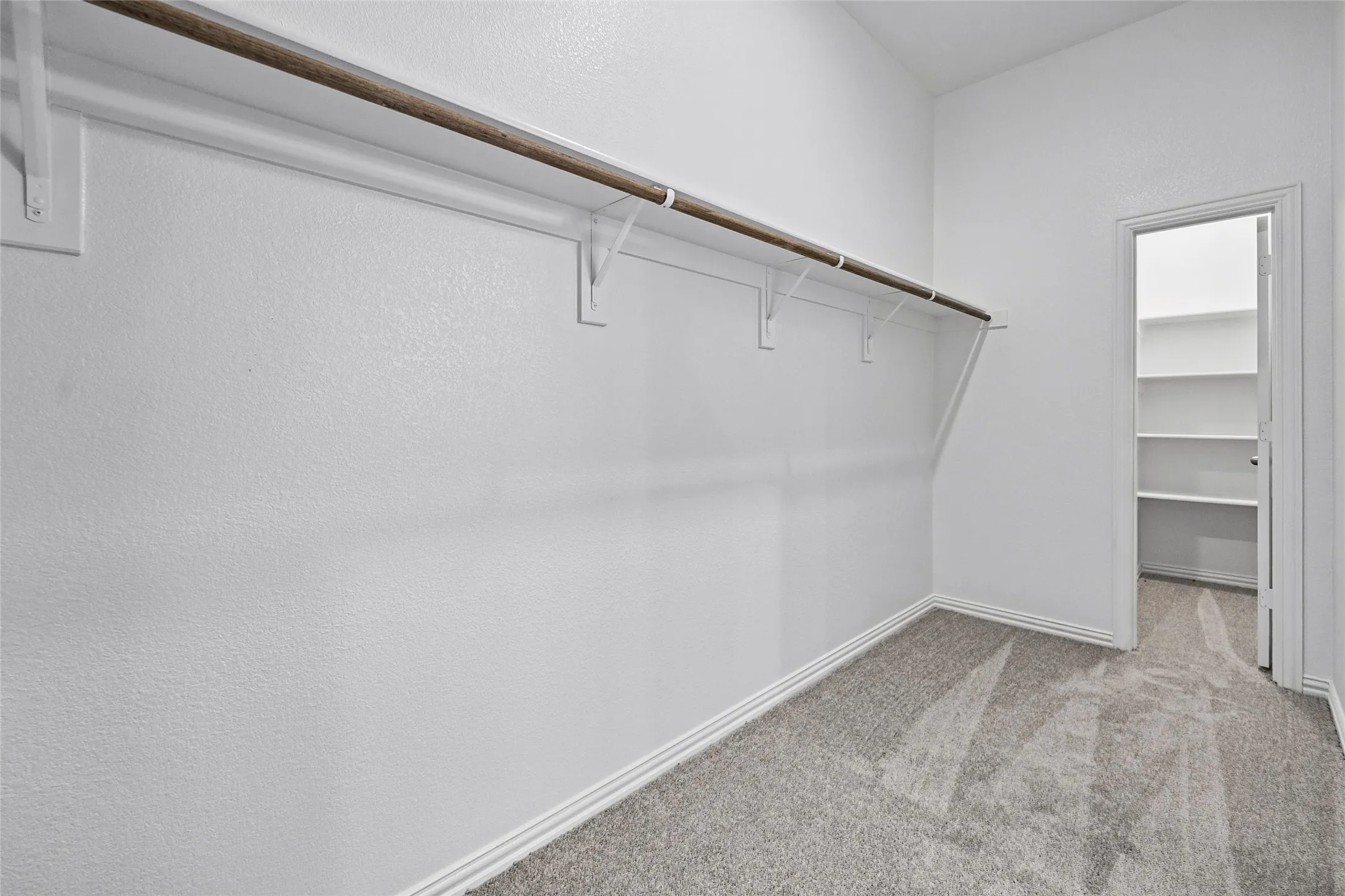 Walk-in closet featuring a hanging rod, integrated shelving, and gray carpet flooring