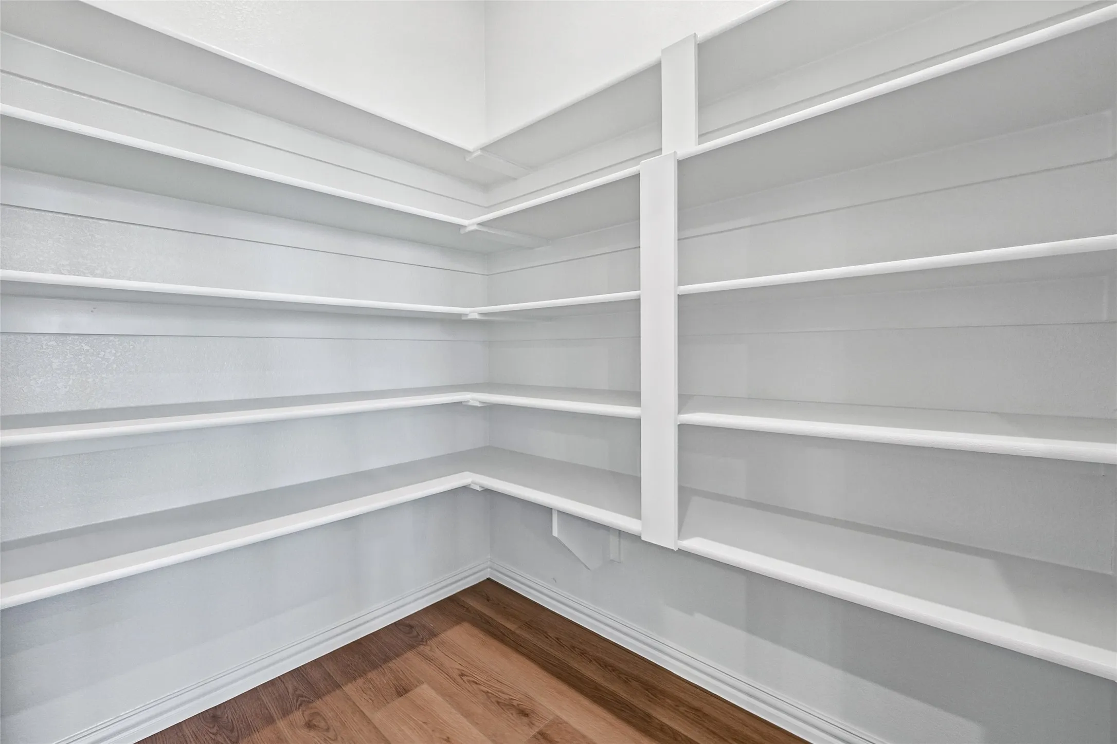 Built-in shelving with multiple storage levels and wood-finish flooring