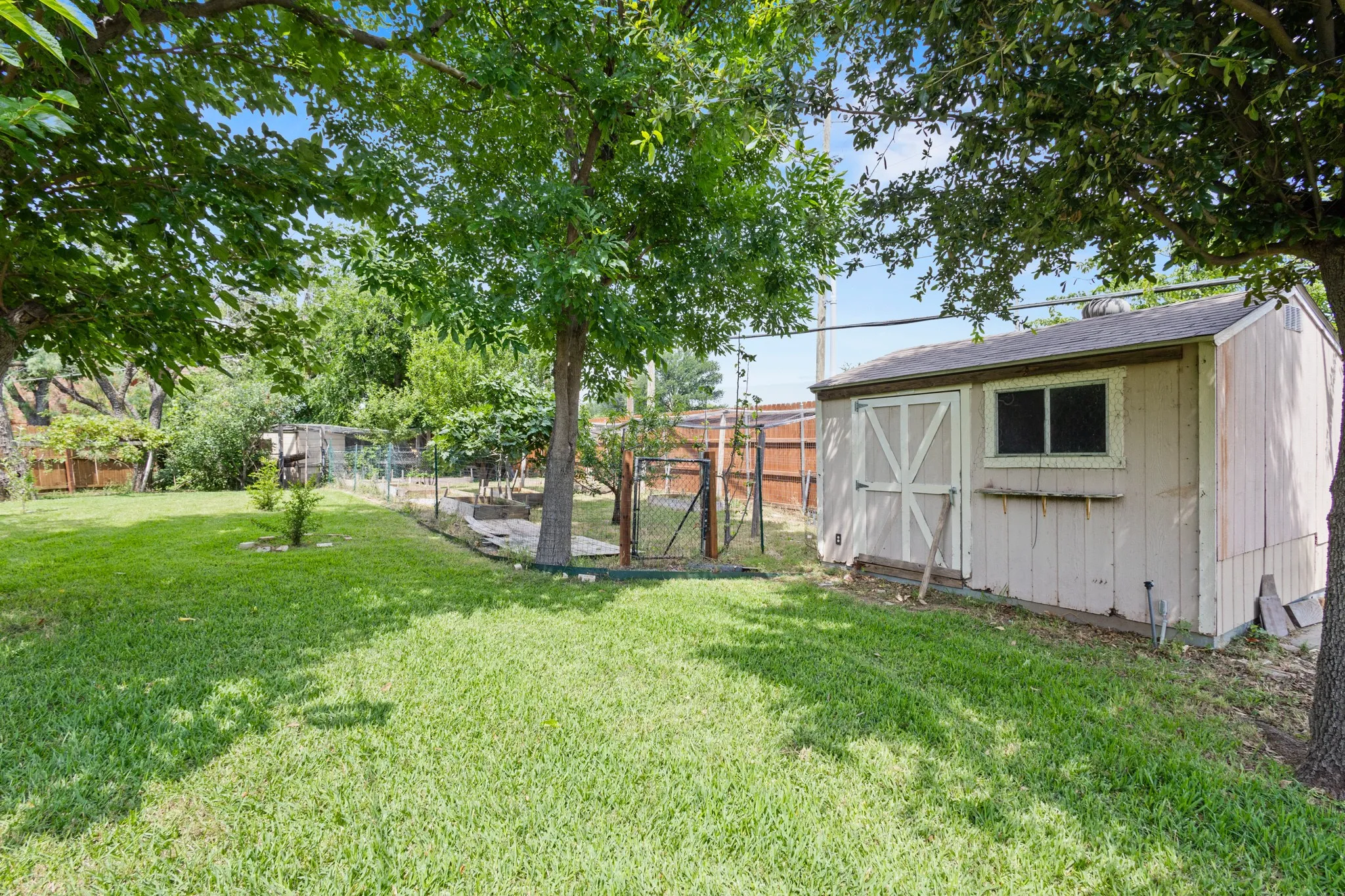 Shed in backyard, mature shade trees