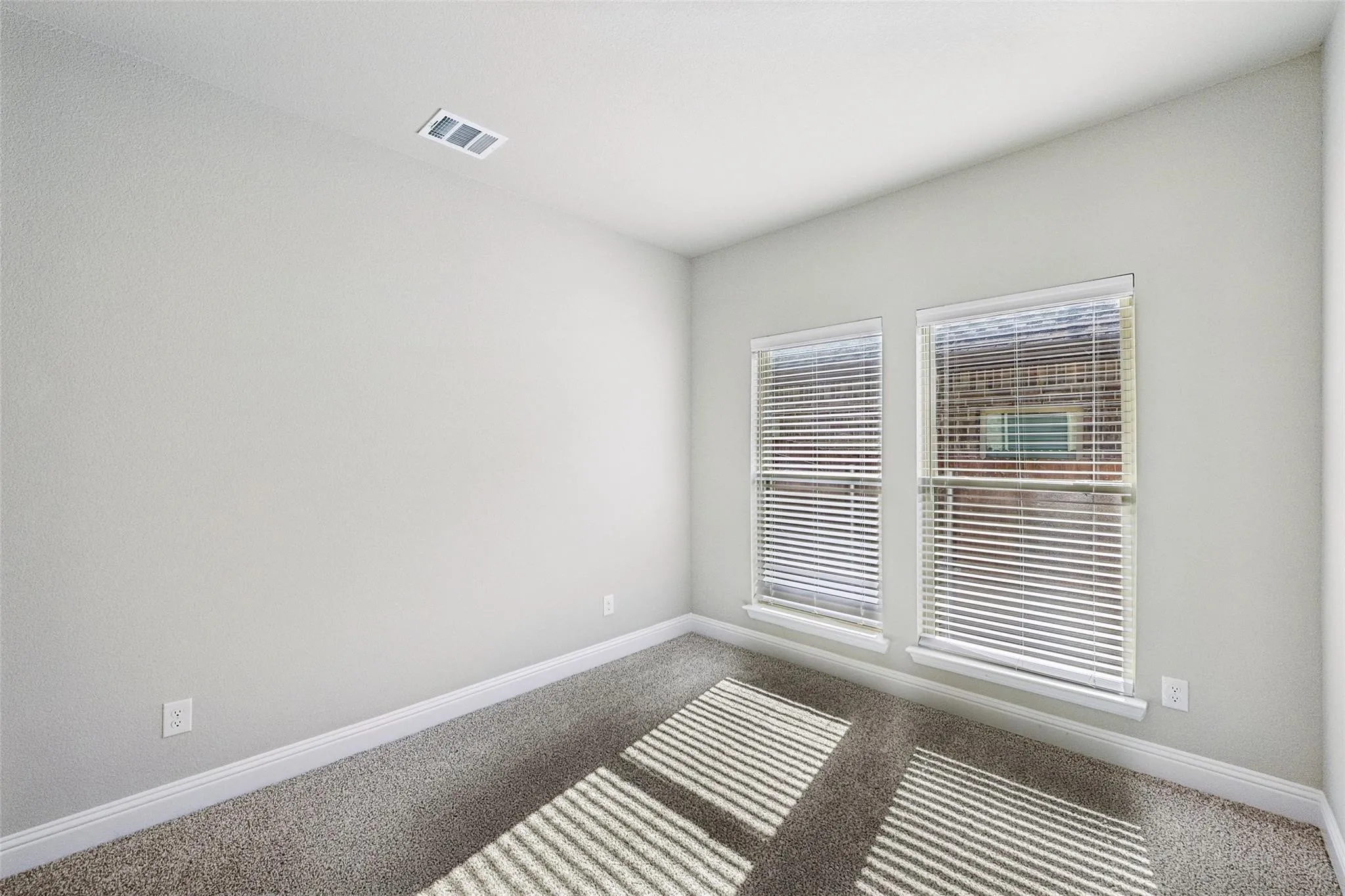 Plush carpet flooring, light neutral wall paint, and two windows with blinds