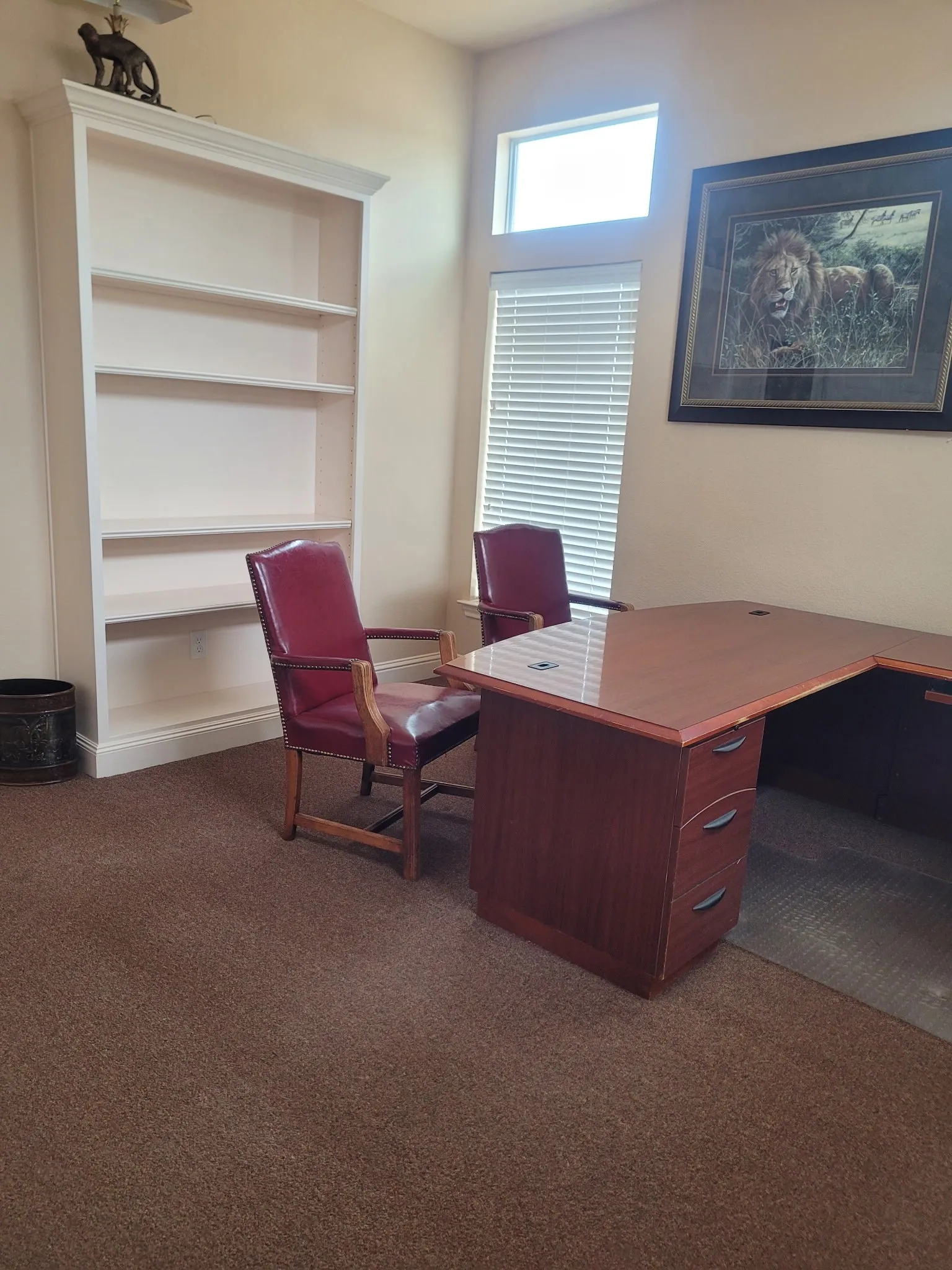 Built-in white shelving unit featuring crown molding detail, neutral wall paint, and brown carpet flooring