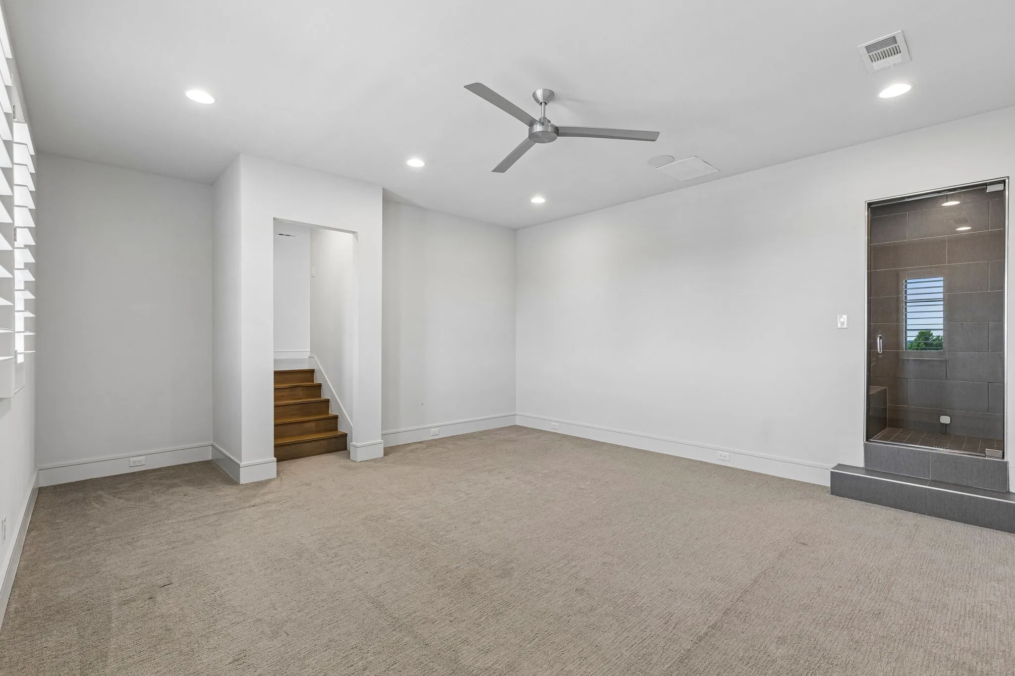 Step down into the private exercise room and relax in the steam  room