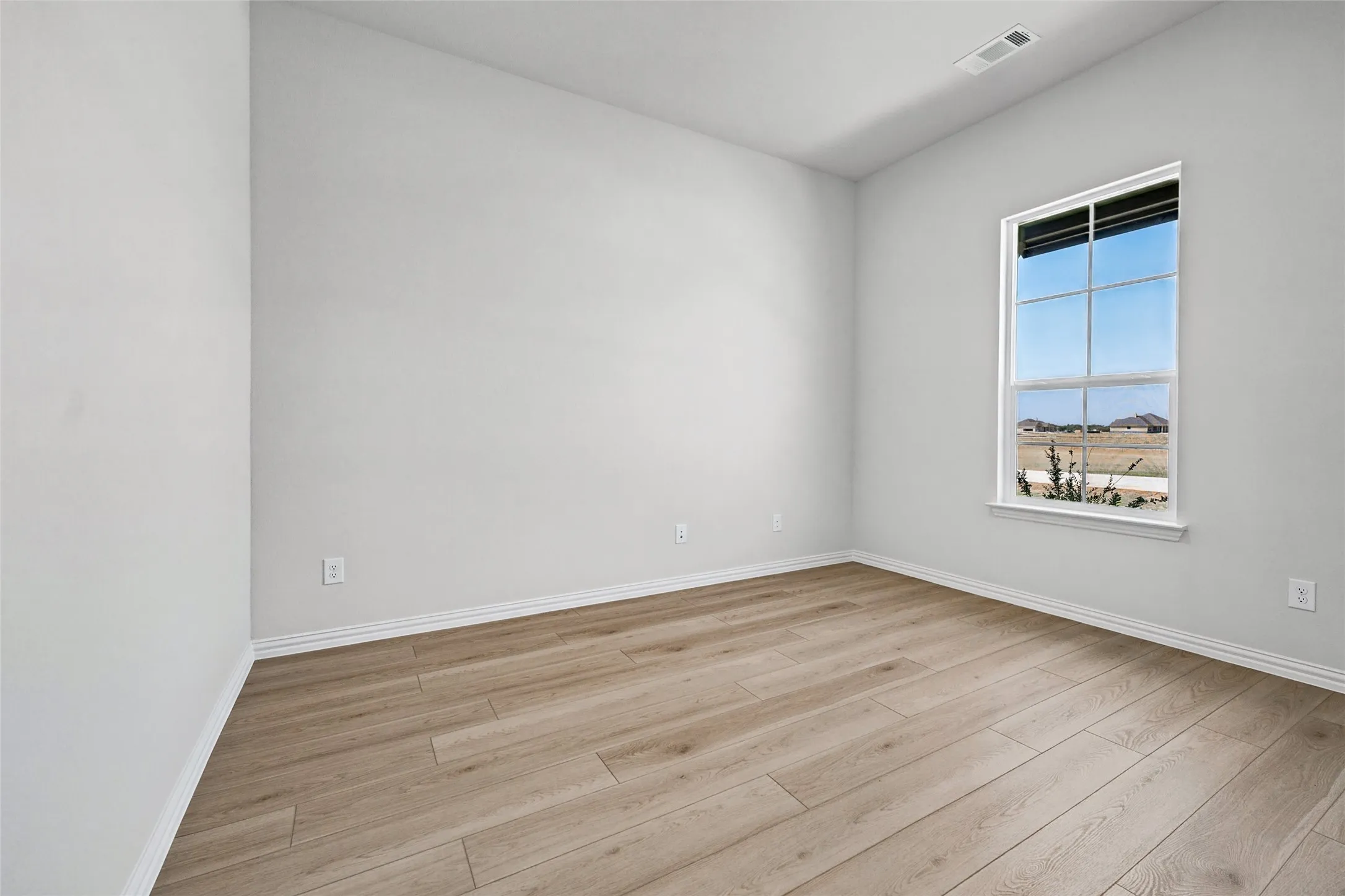 Neutral wall finishes, wood-finish flooring, white trim, and a multi-pane window
