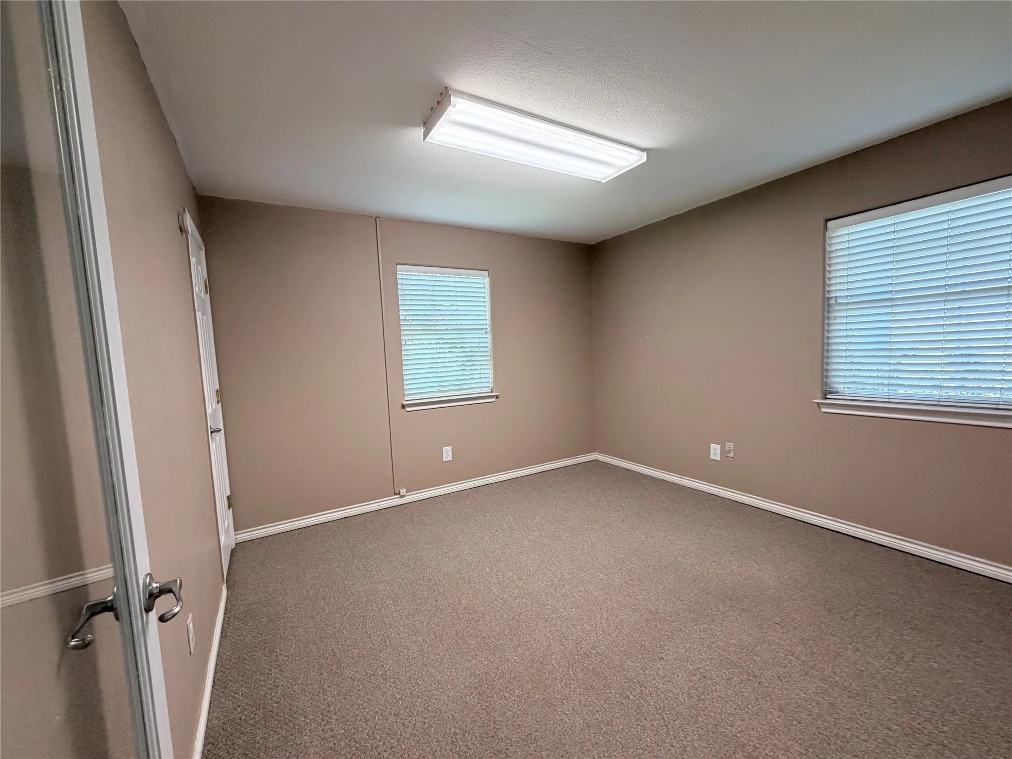 Carpeted interior room featuring neutral-toned walls, white trim, and a fluorescent ceiling light fixture