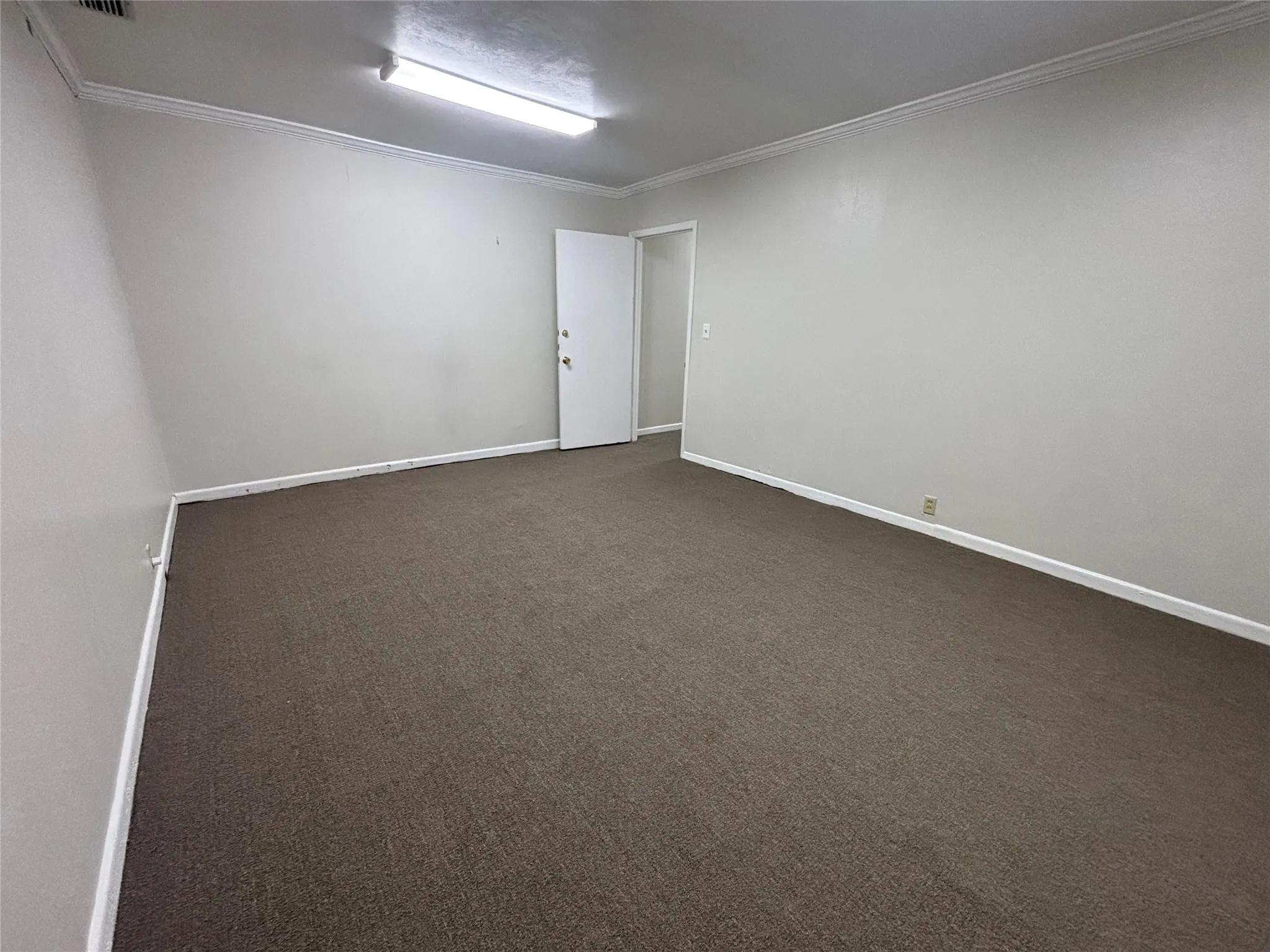Spacious room featuring neutral carpeting, light-toned walls, and crown molding
