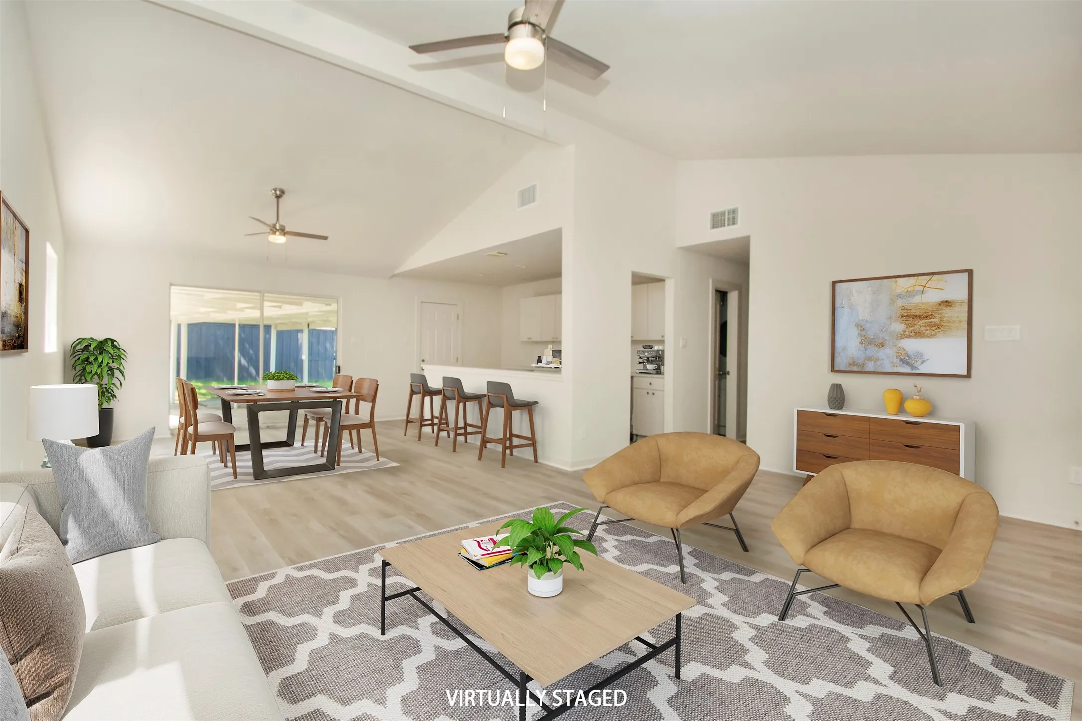 Virtual Staging Living room featuring beamed ceiling, ceiling fan, and light wood-type flooring