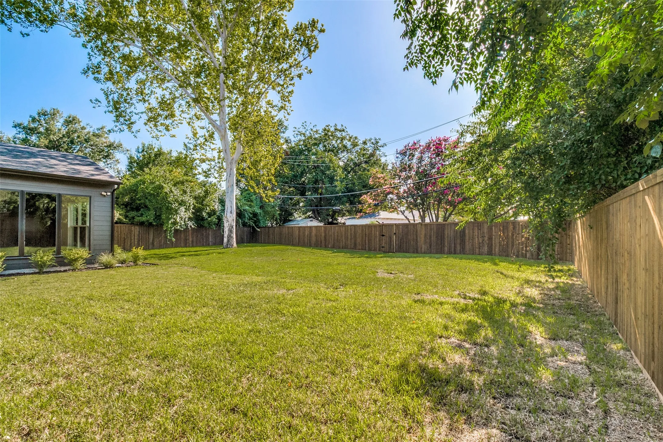Spacious backyard featuring a substantial lawn area, full privacy fencing, and mature trees providing natural shading
