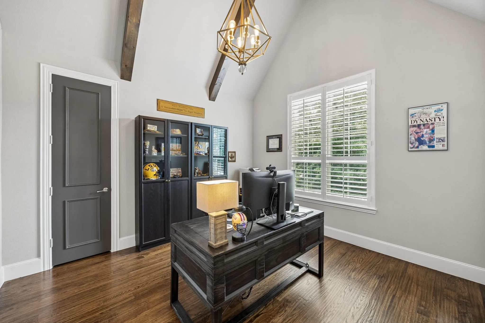 Study is located half way up the stairs.  Cathedral Ceiling, walk-in closet with shelving, hardwood flooring and shutters.