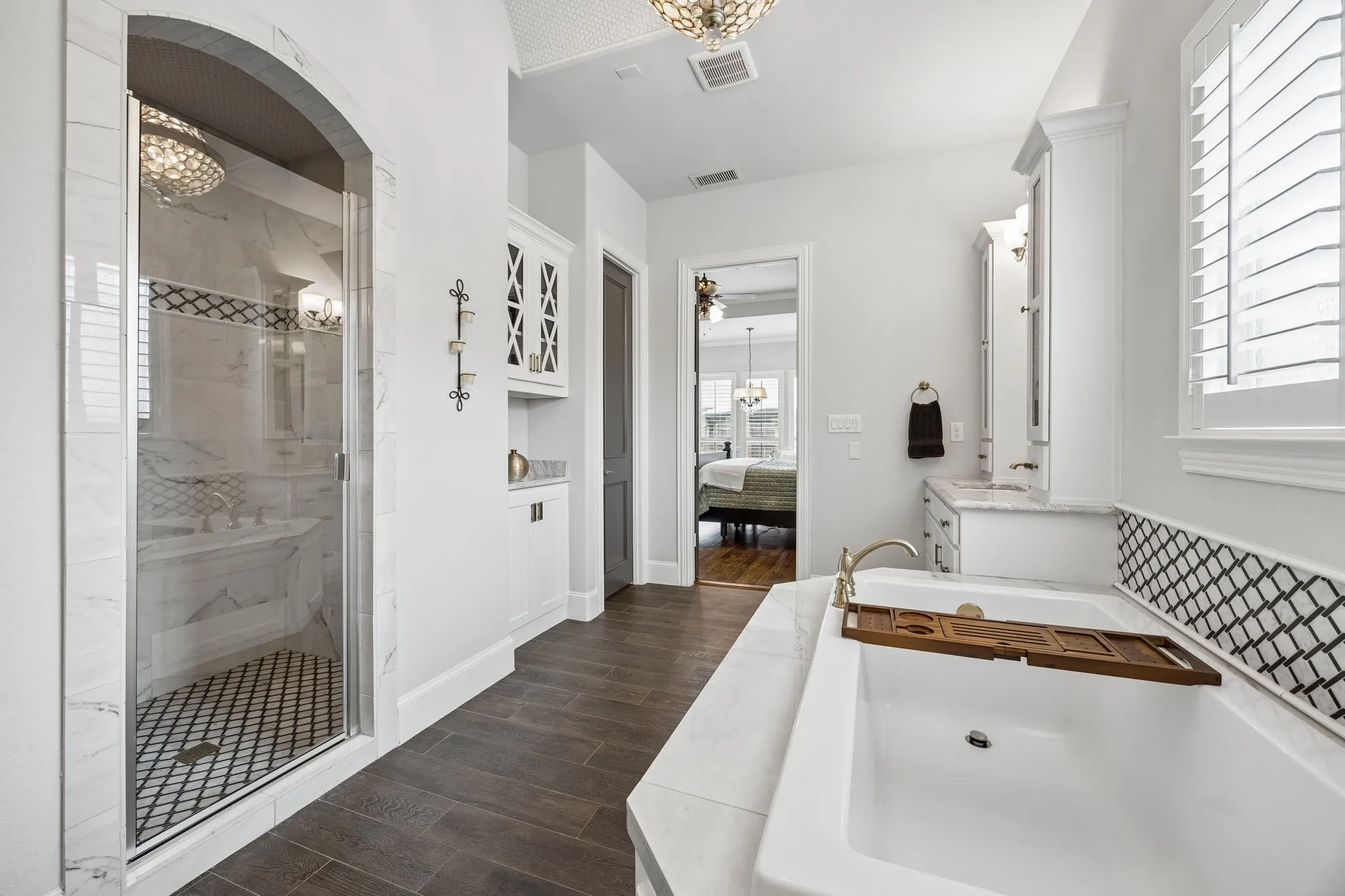 Spacious walk in shower and built in bar for more storage.