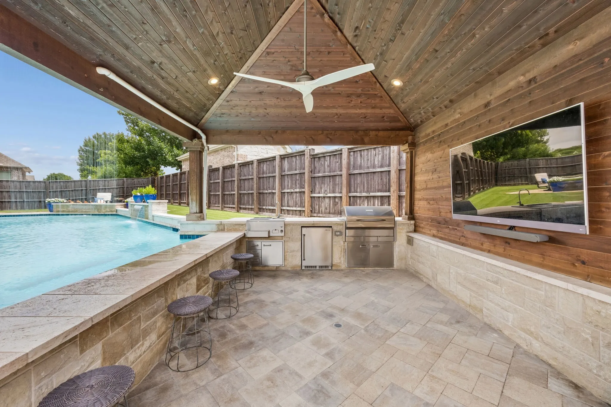 Perfect for Summer Time Fun!  You can host a lot of parties here.  Swim up bar with 5 stools is on the left .