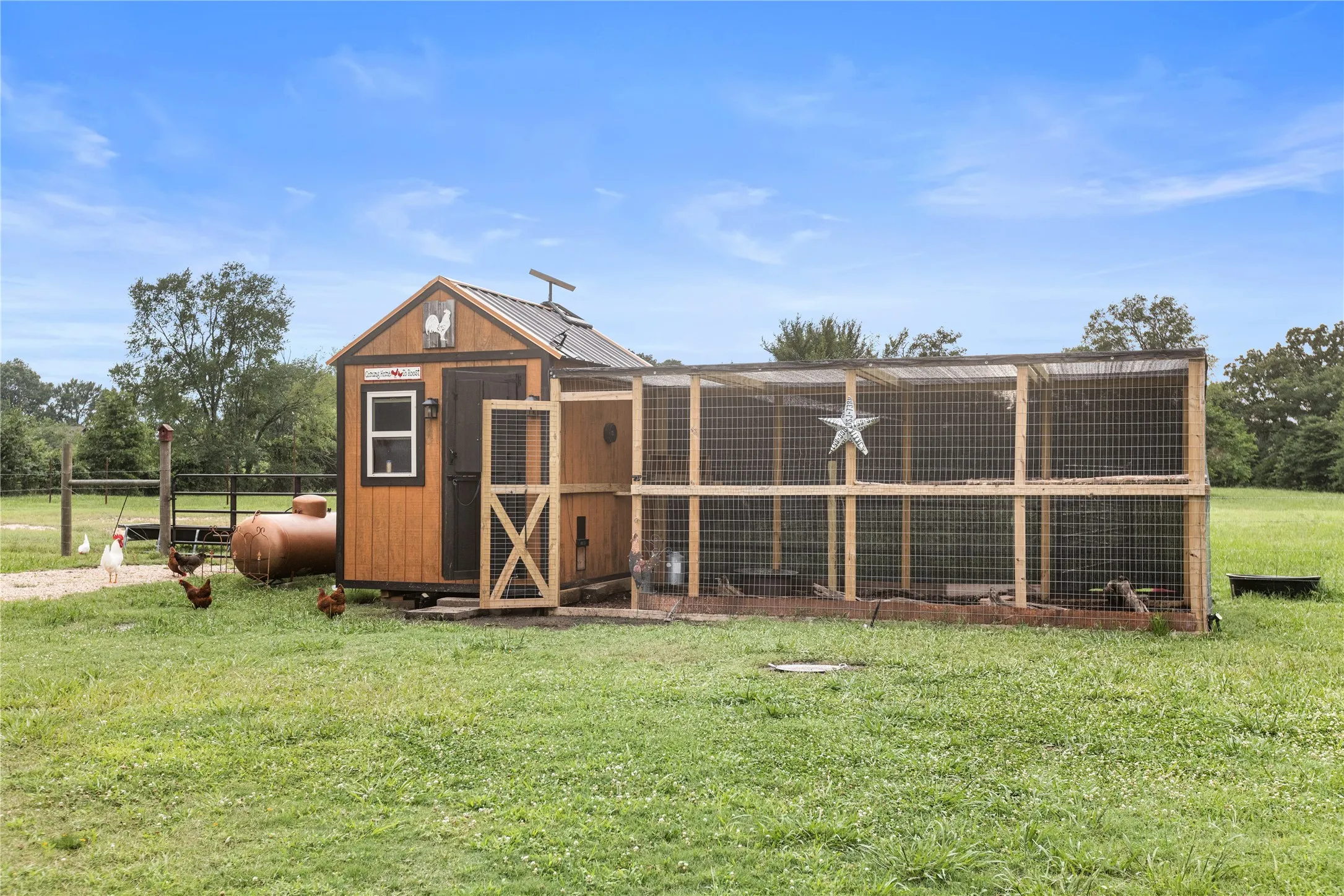 Wood-sided outbuilding with a screened enclosure, featuring a gable roof and exterior lighting