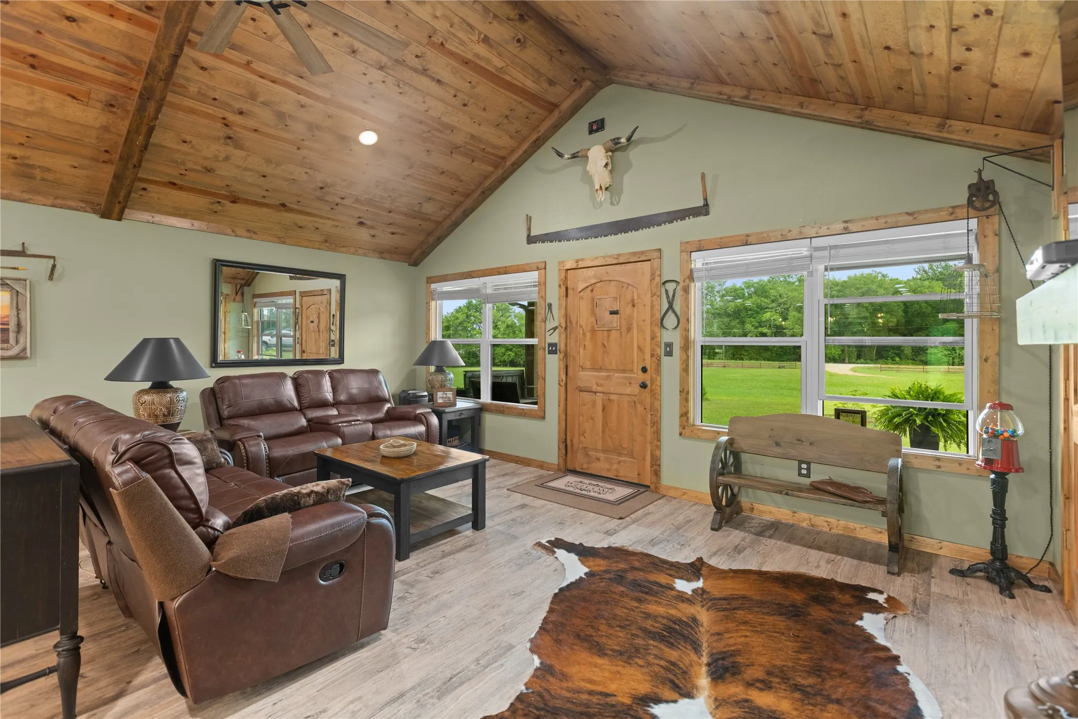 Vaulted wood-planked ceiling with exposed beams