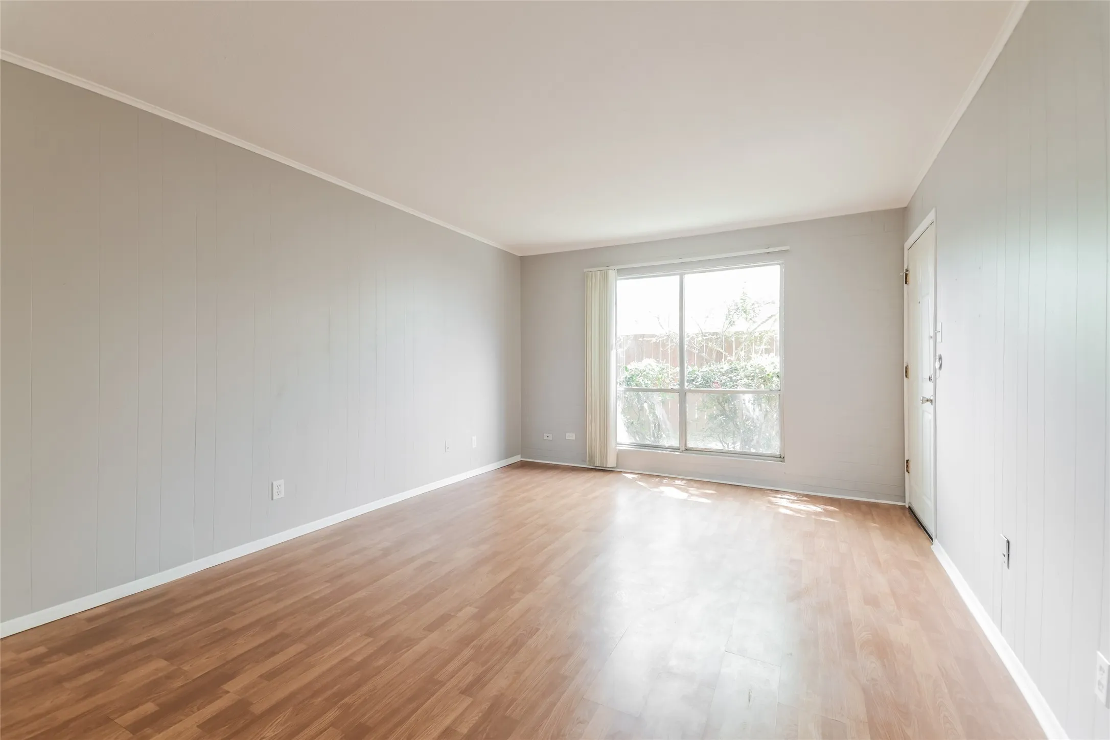 Spacious room featuring wood-finish flooring, light gray walls, a large window, and white trim