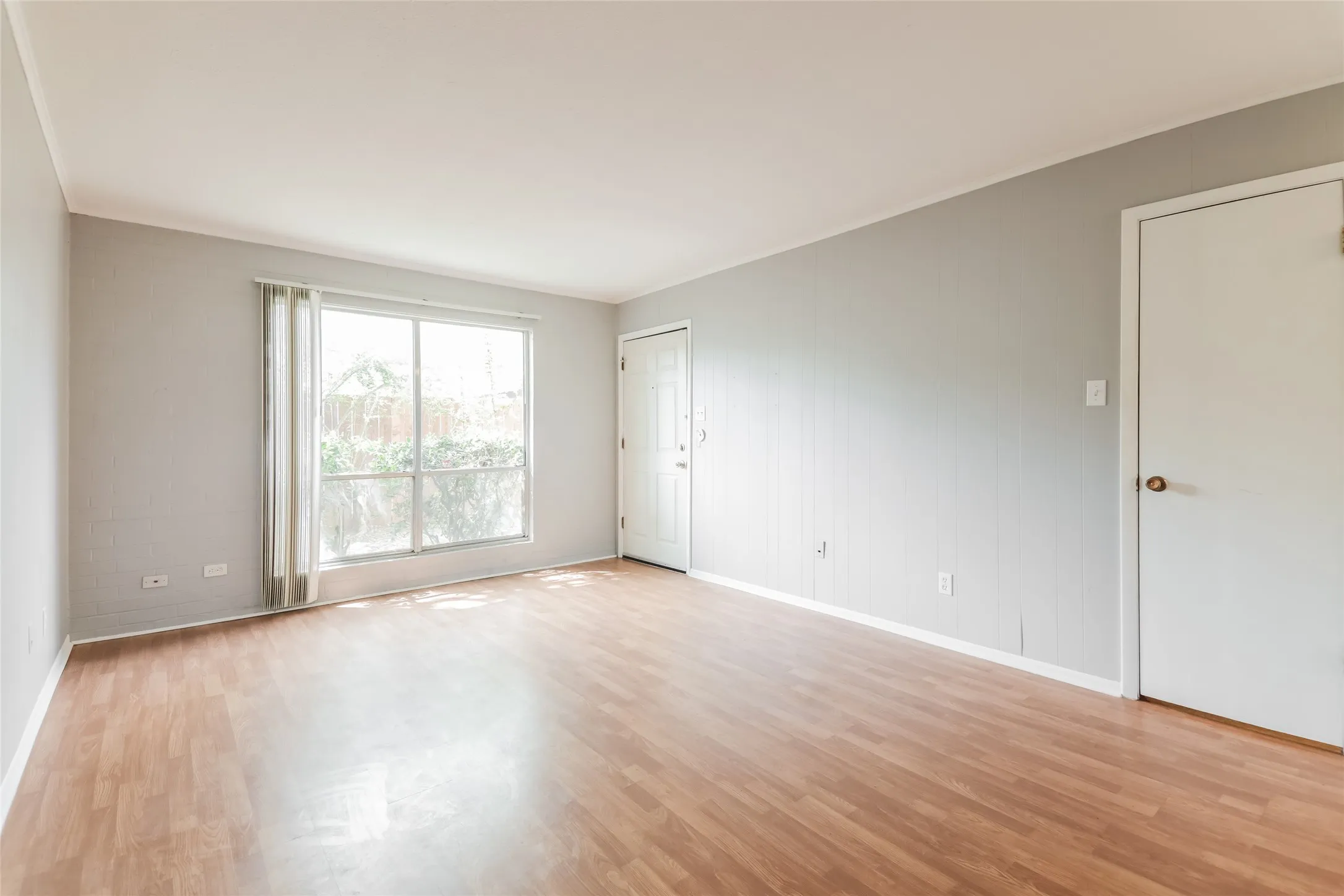 Spacious room featuring wood-finish flooring, a large window, a white entry door, and light gray wall finishes