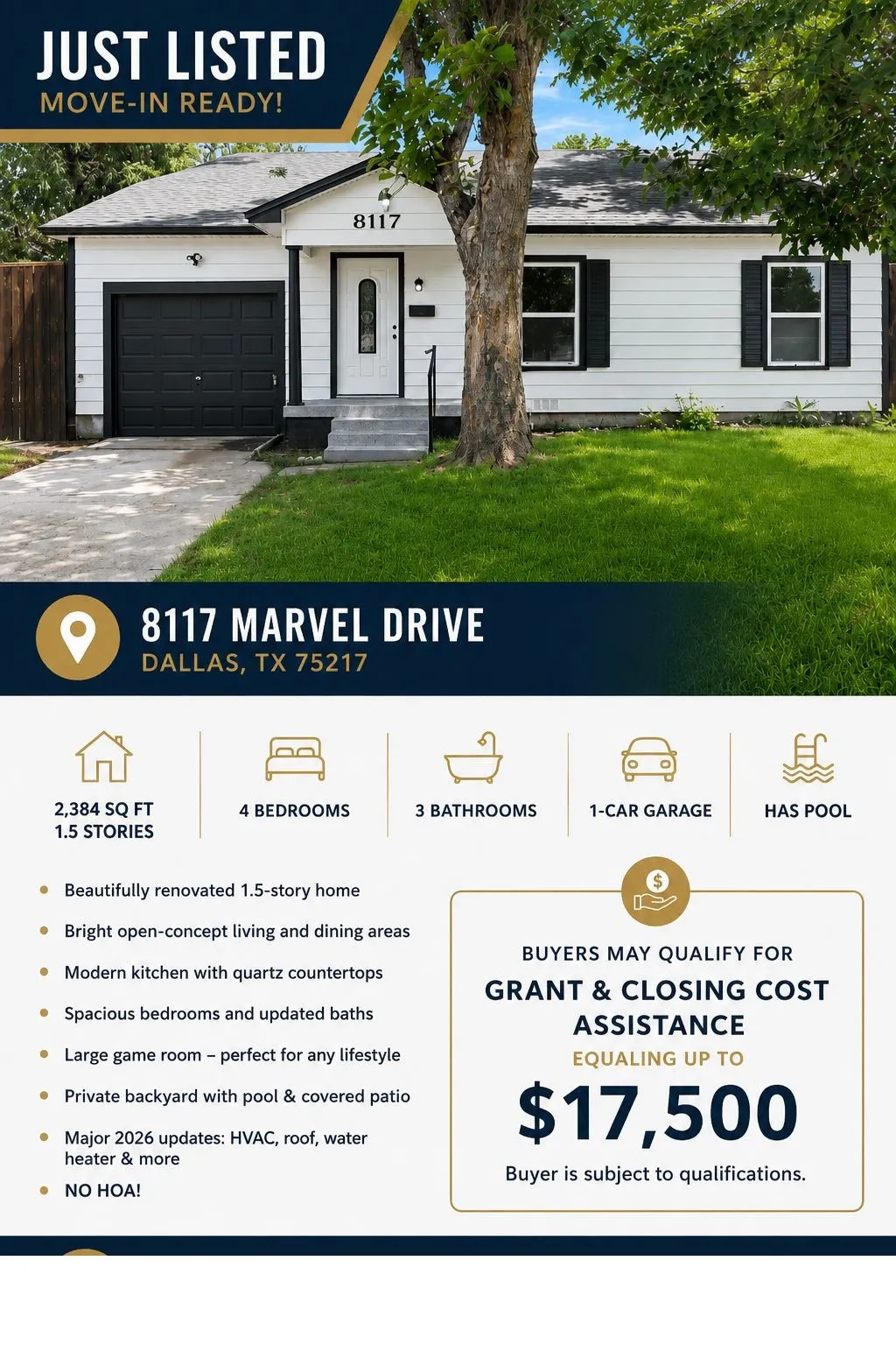 Single Family Residence For Sale in Dallas County , 8117 Marvel Drive, Dallas, Texas 75217, 4 Bedroom, 3 Bathroom, 1 Garage spaces, 2,384 Sqft, built in 1955, mls#21310899, Real Estate Agent in Dallas, Homes For Sale in Dallas county, Homes For Sale in Dallas, Realtor in Dallas Texas, Real Estate Brokerage Independent Realty Texas, Luminita Cordes Realtor
