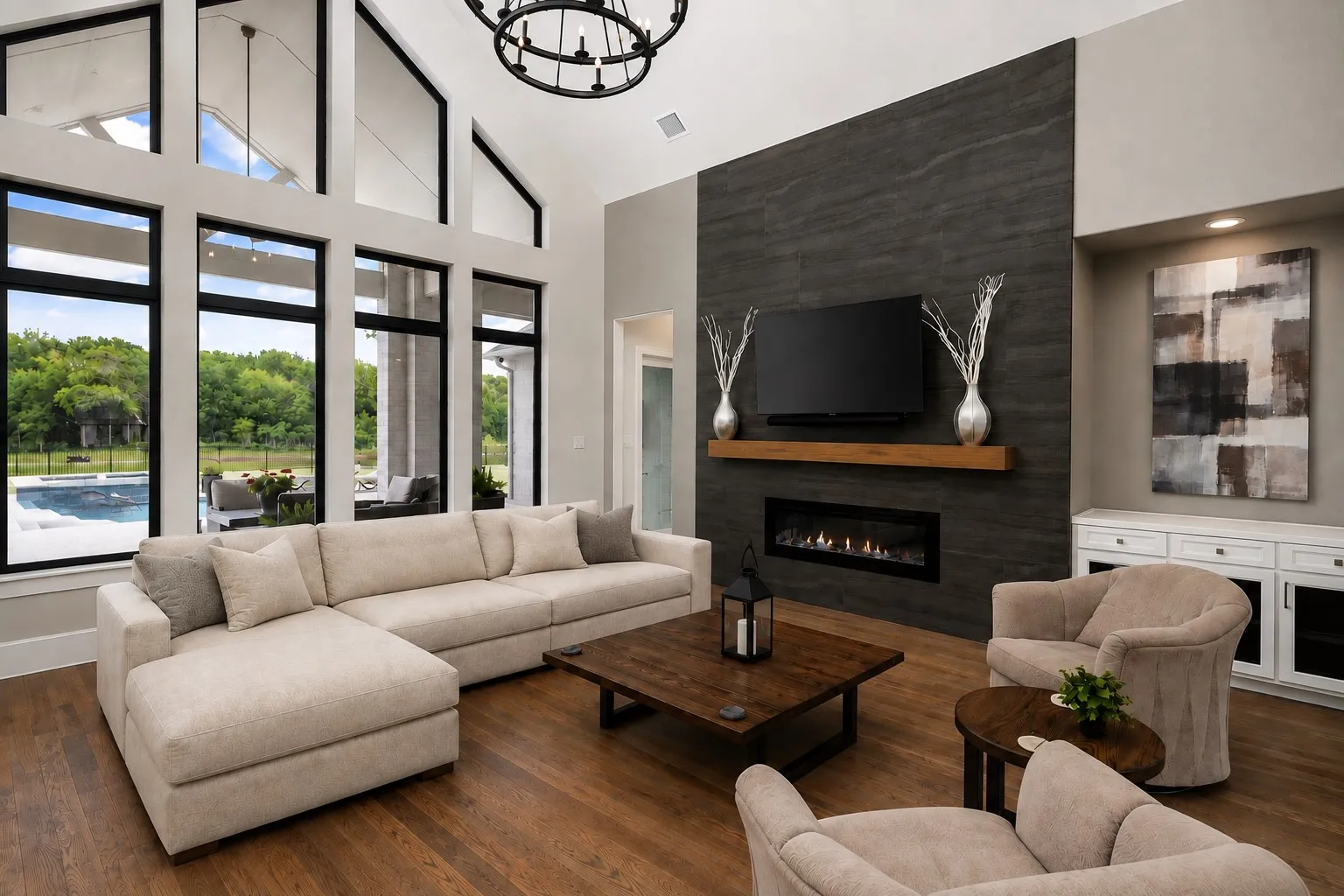 Living room furniture is virtually staged