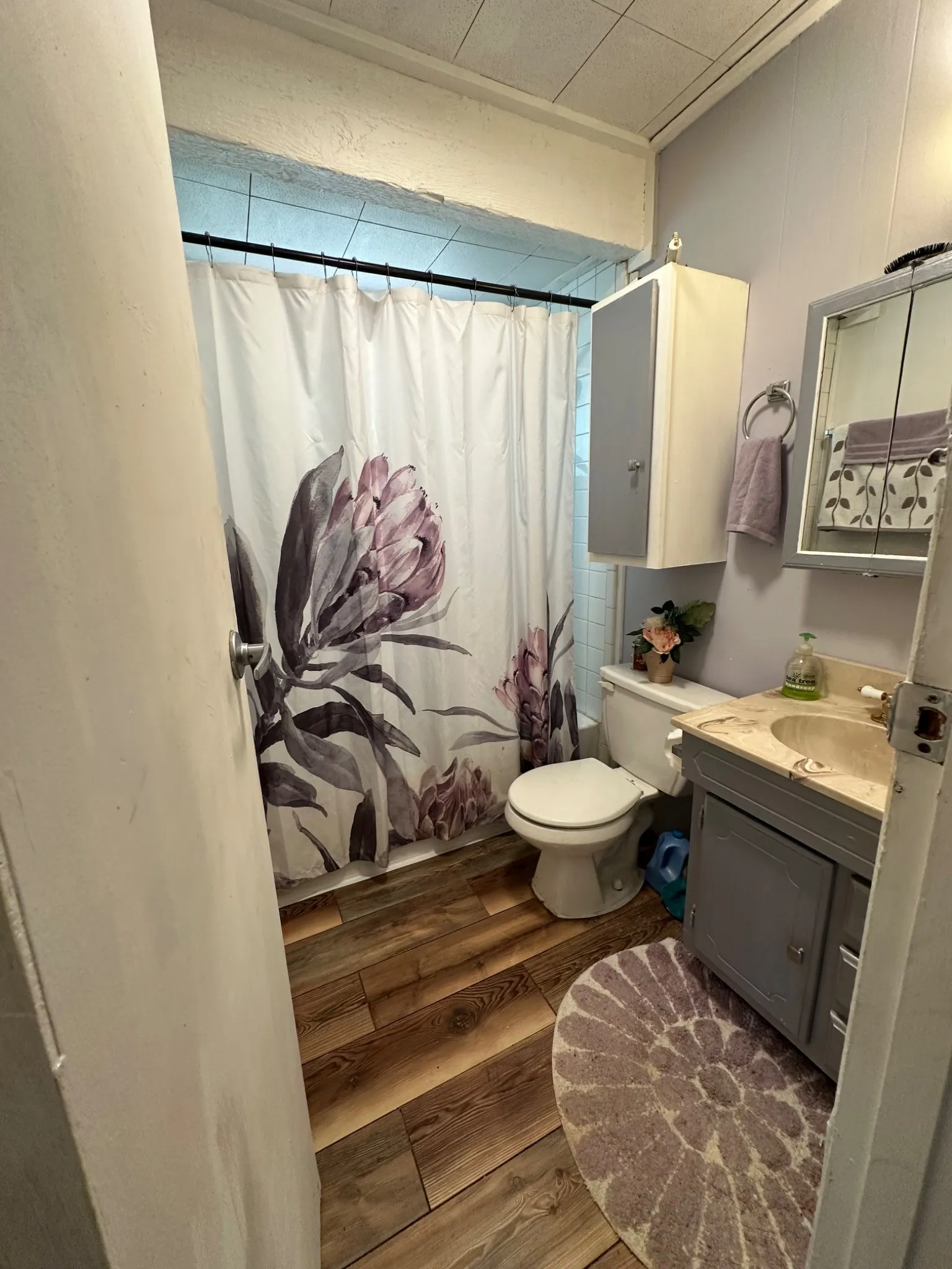 Bathroom featuring wood-finish flooring, a built-in vanity with a stone-finish countertop, and a recessed medicine cabinet