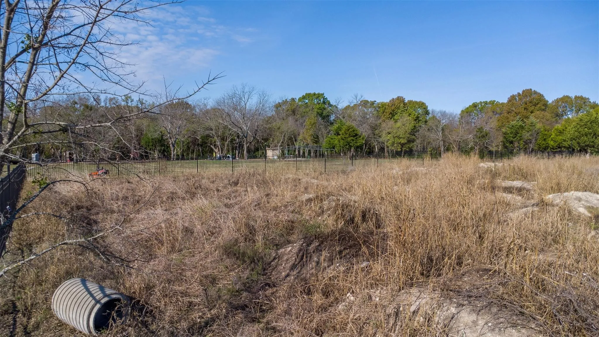 Expansive lot featuring mature trees along the perimeter and a clear blue sky overhead