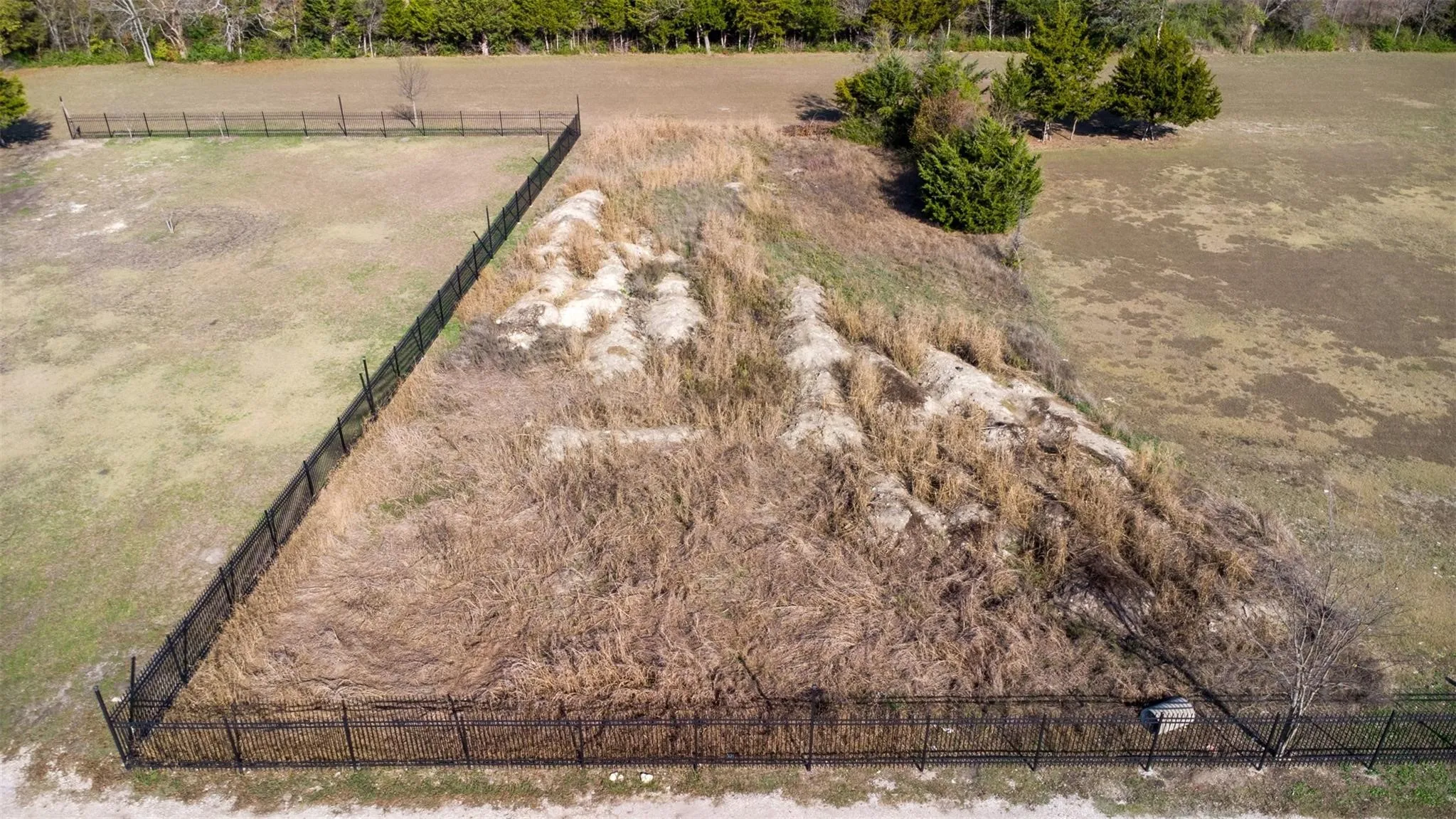 Expansive lot featuring a black chain-link fence, mature shrubbery, and natural terrain variations