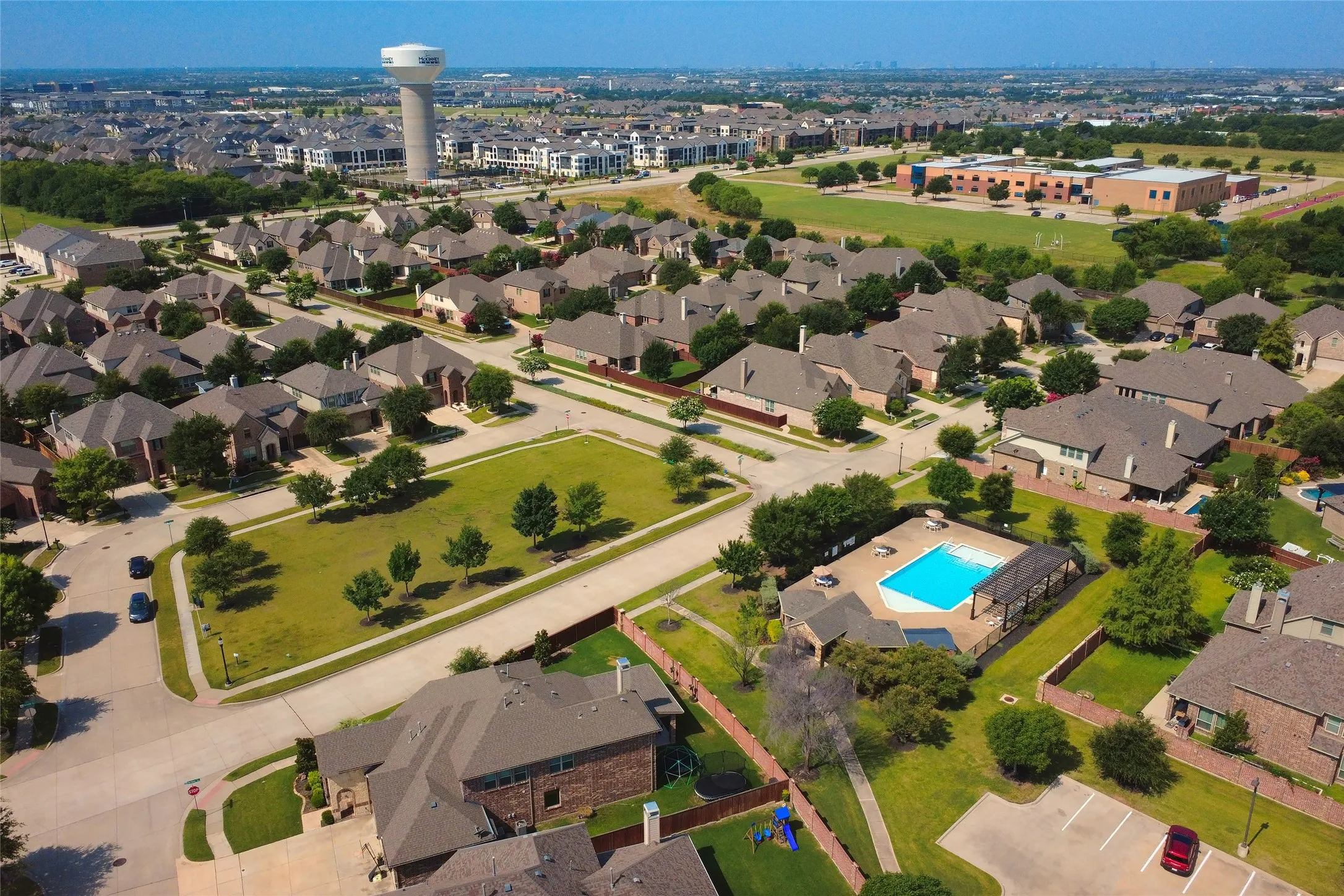 Aerial perspective showcasing a residential community with varied architectural styles