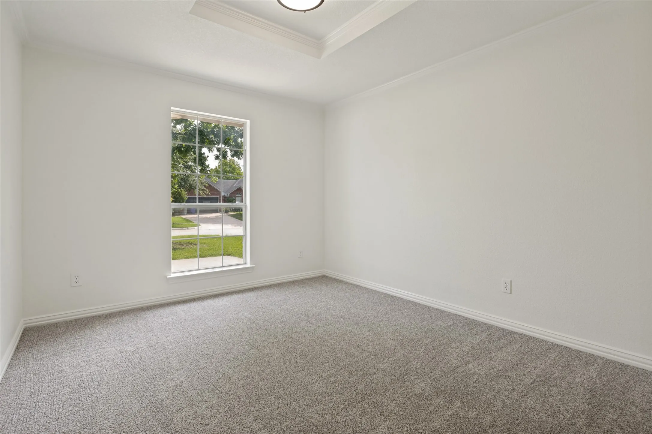 Room featuring light gray carpeting, neutral wall finishes, and a single window with a white frame