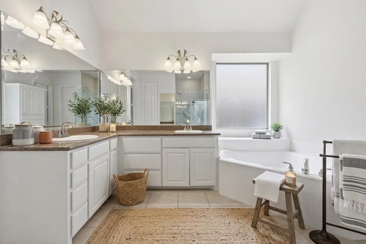 Master bathroom virtually staged with dual sink and jetted tub and stand up shower!