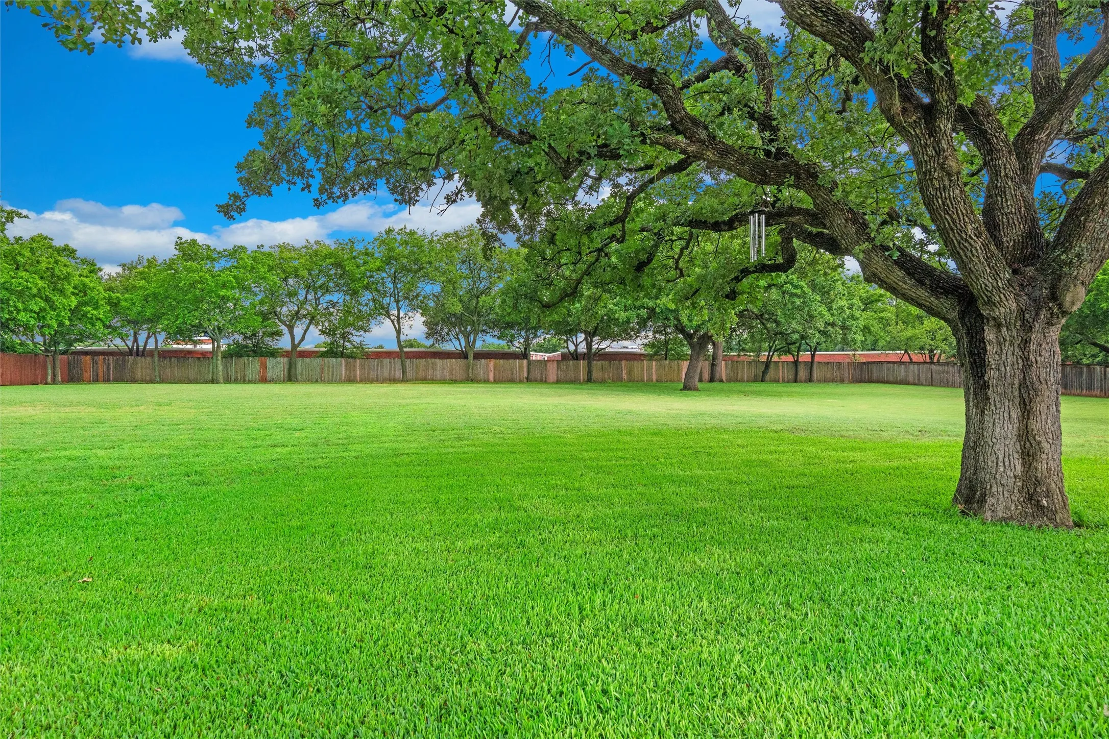 Expansive 1.66 acres, green lawn featuring mature trees, a privacy fence, and additional perimeter foliage