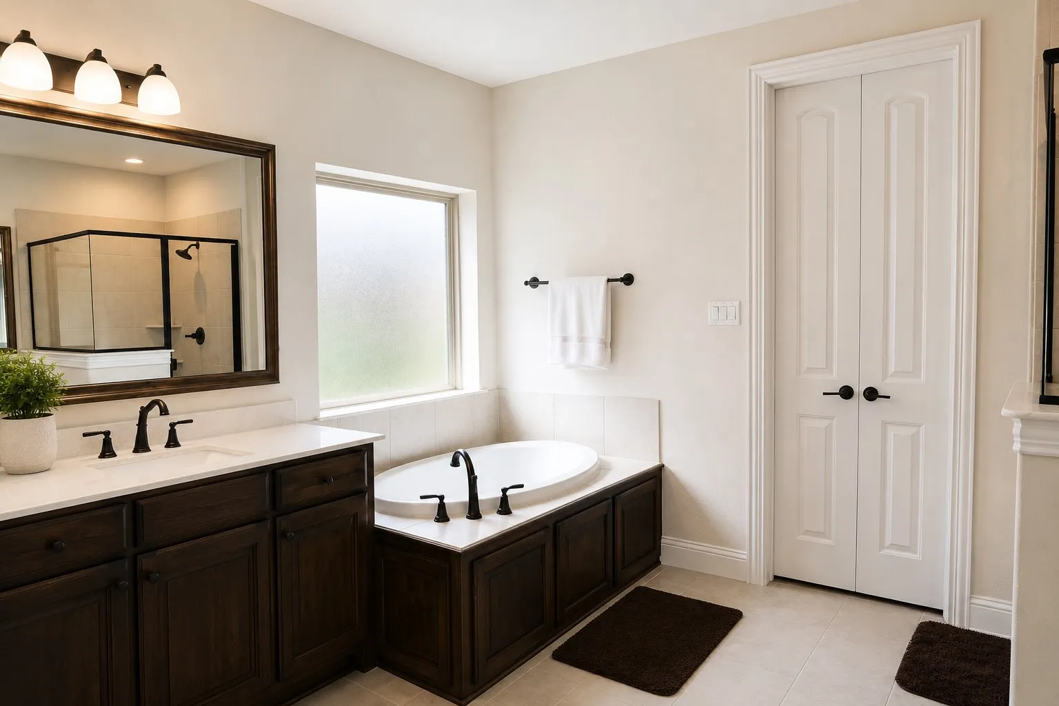 Bathroom featuring a double vanity with dark wood cabinetry and white countertops