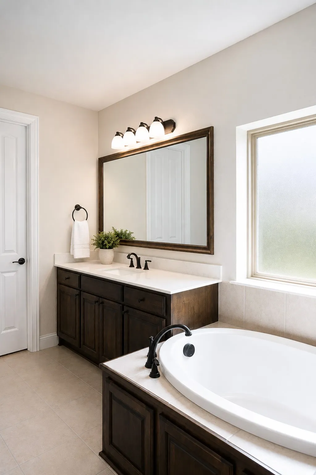 Bathroom featuring a built-in soaking tub with dark bronze fixtures, a dark wood vanity with white countertop, a rectangular mirror, and a five-light vanity fixture