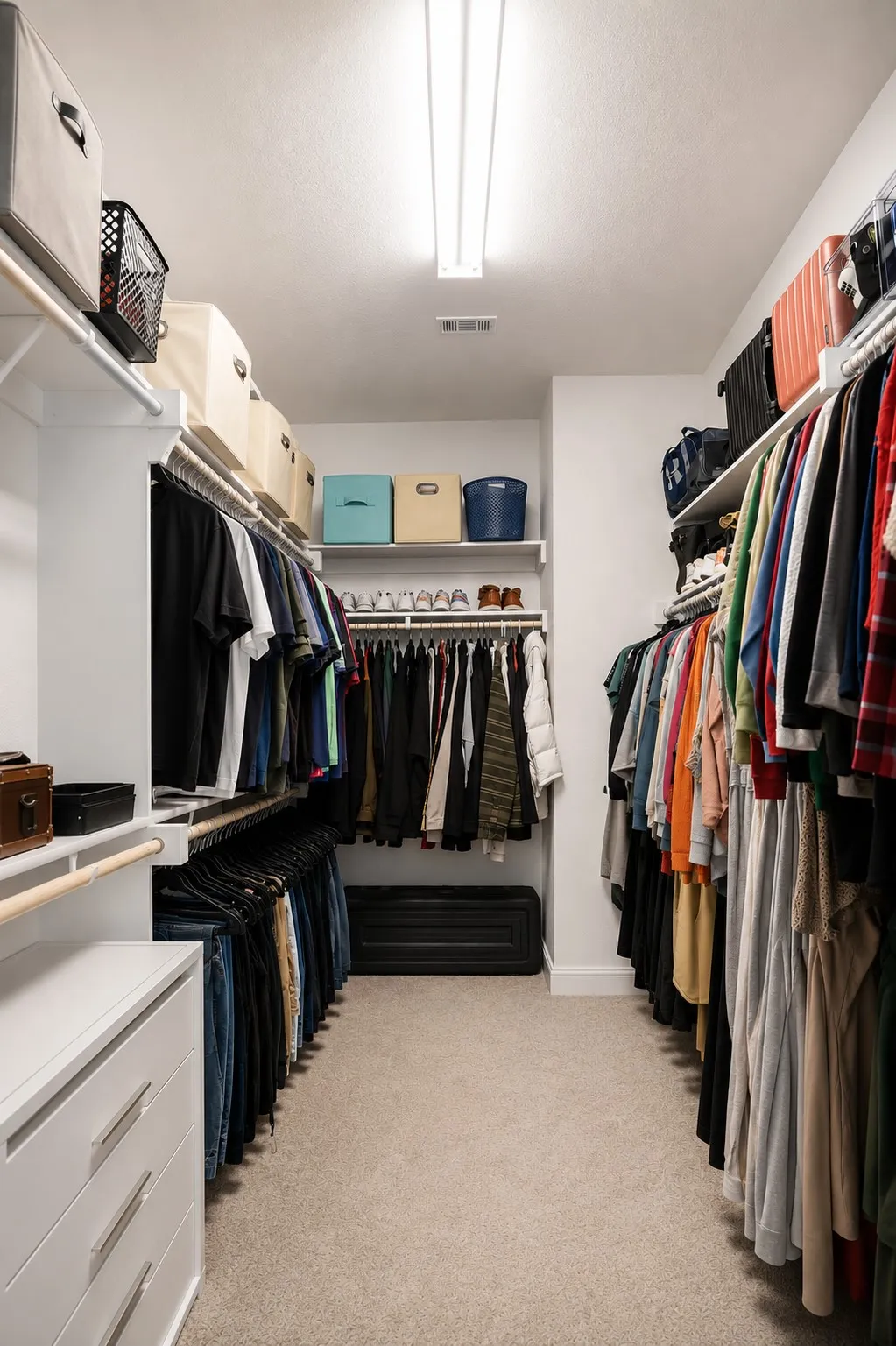 Walk-in closet with integrated shelving, multiple hanging rods, built-in dresser, and carpeted flooring