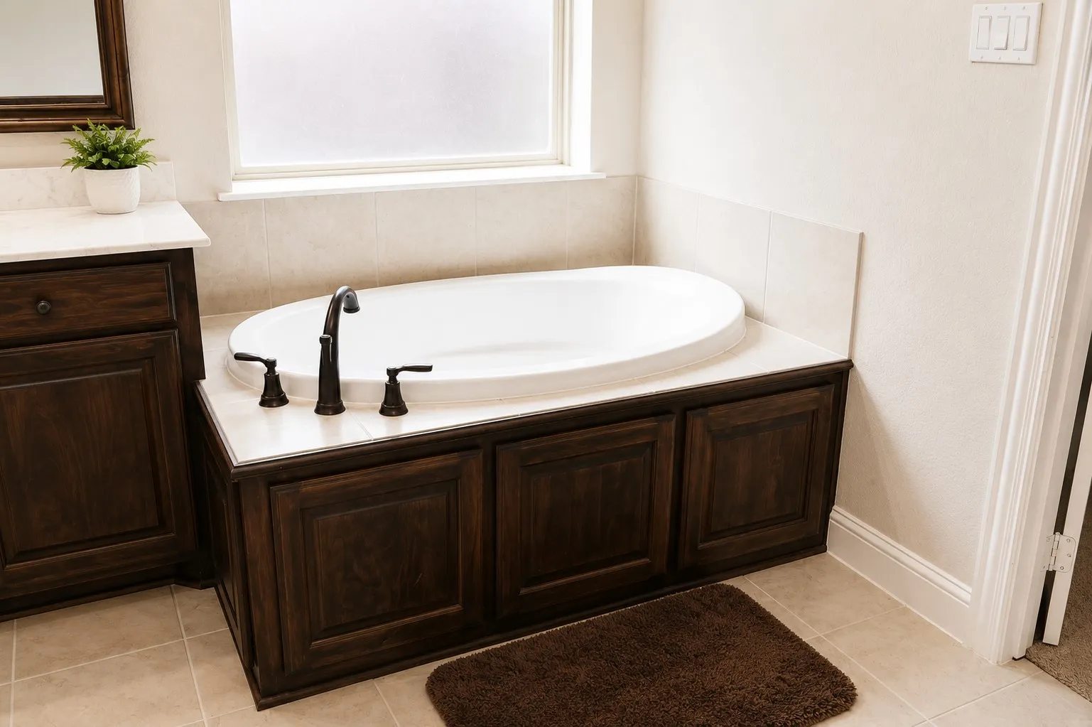 Soaking tub with bronze fixtures, surrounded by dark wood-finish cabinetry and a light-toned tile deck