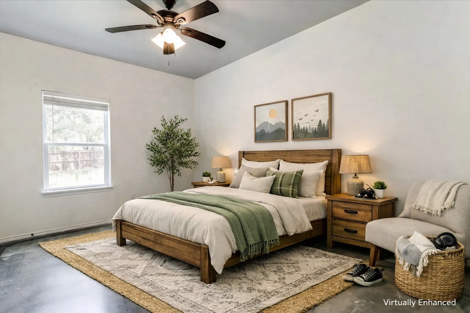 Bedroom featuring concrete flooring with a neutral area rug, a single window with blinds, a ceiling fan with integrated lighting, and white walls