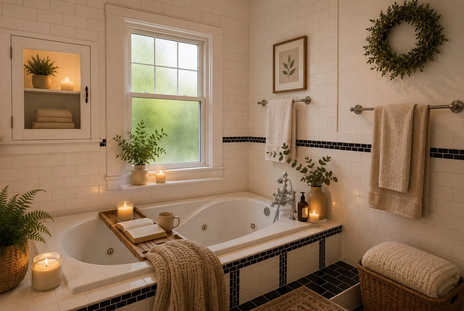 Bathroom featuring a built-in jetted tub with subway tile surround and dark accent tile