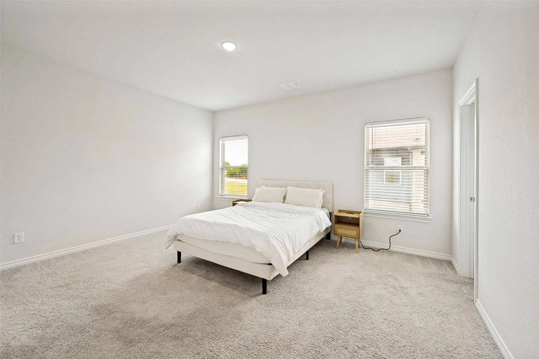 Spacious upstairs bedroom with plush carpeting, neutral wall finishes, and two windows providing natural light