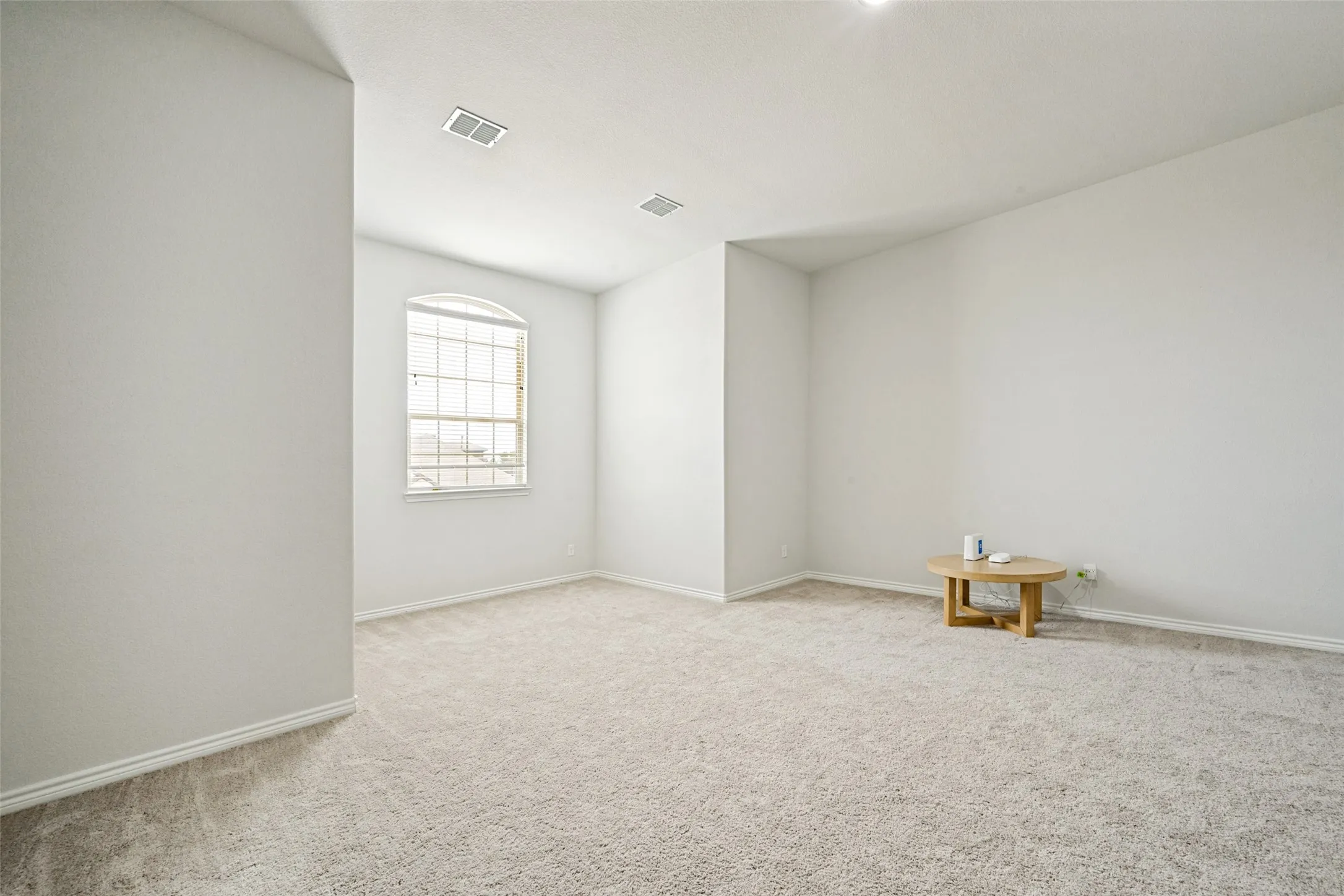 Spacious room featuring light-colored carpeting, white wall paint, and white baseboards
