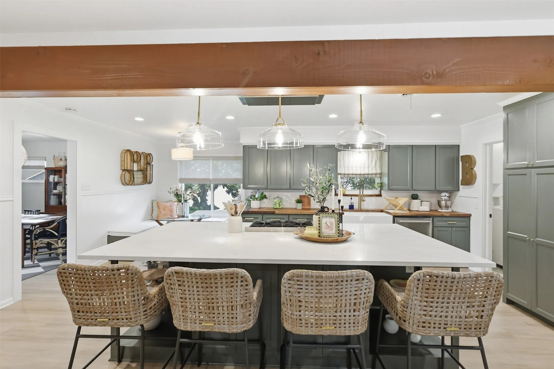 View of Oversized Island with enough room for four bar stools.
