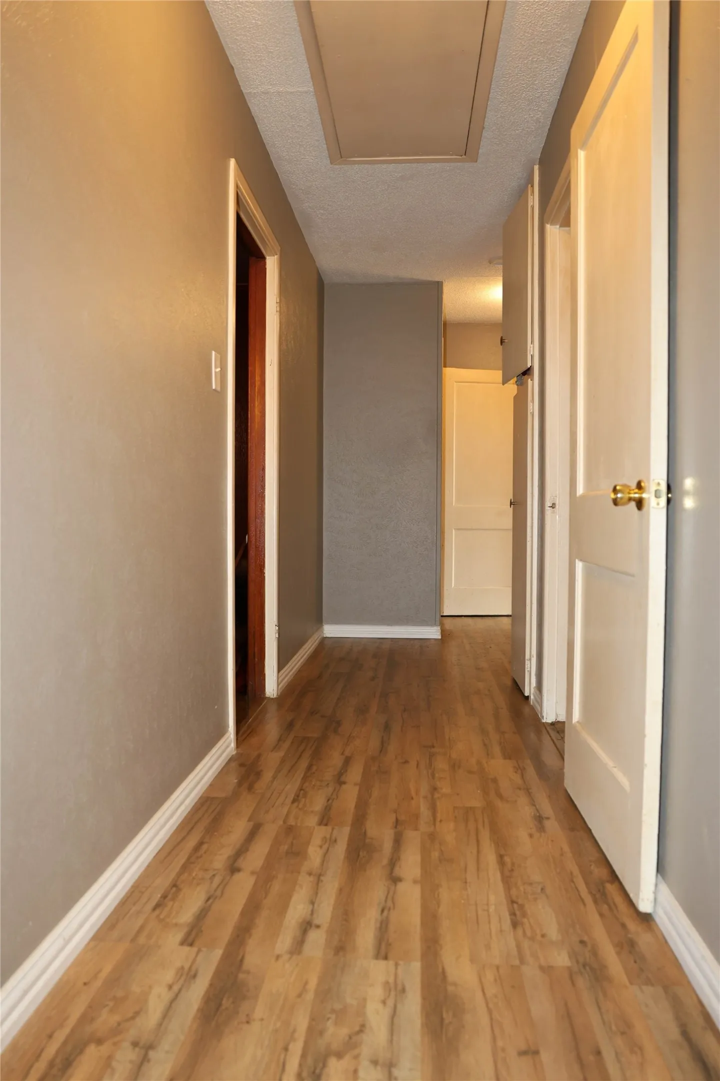 The hallway leading to the bedrooms and hall bathroom has new flooring like the family room.