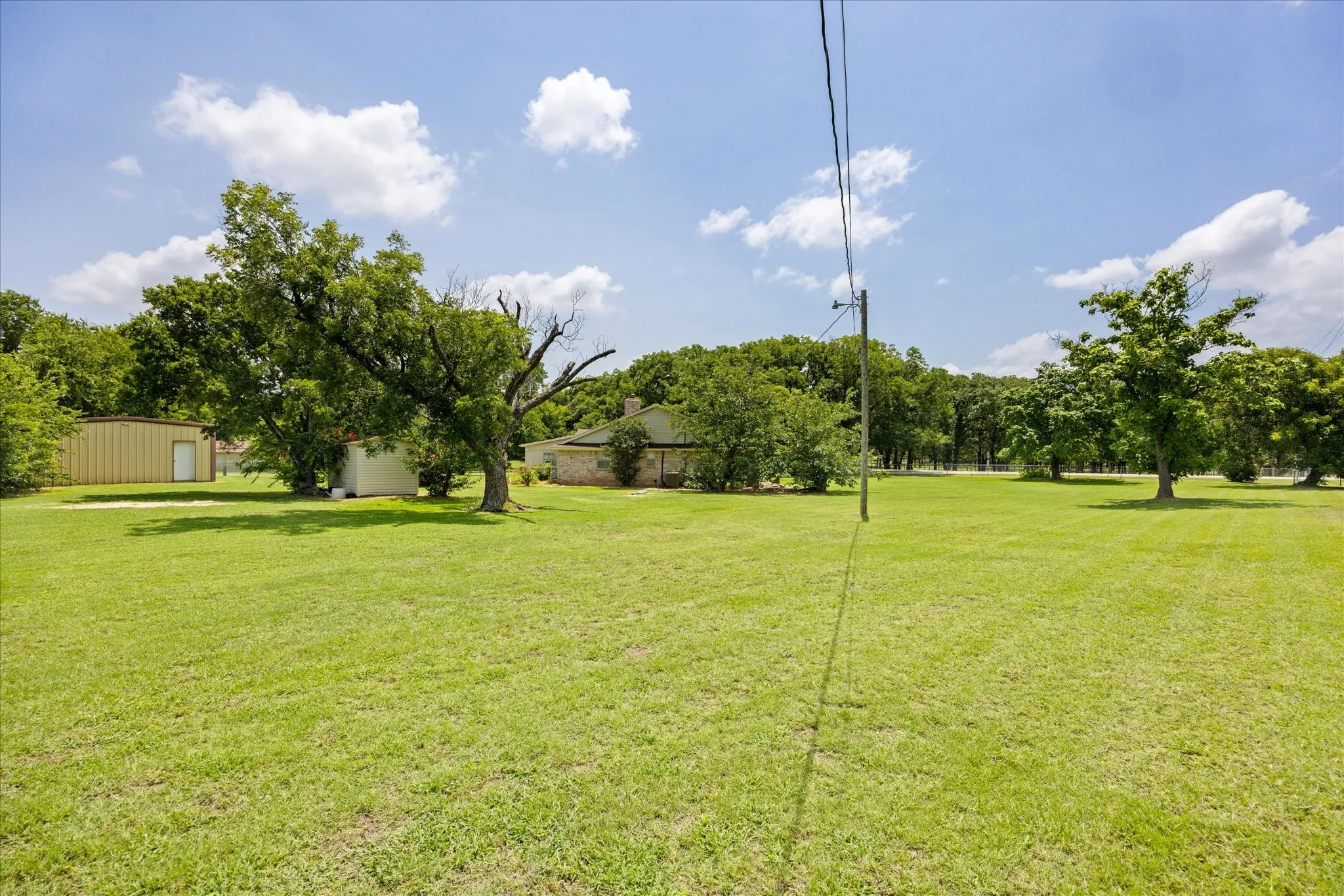 Expansive grassy lot with mature trees, a detached storage building, and a tan metal outbuilding featuring a white service door