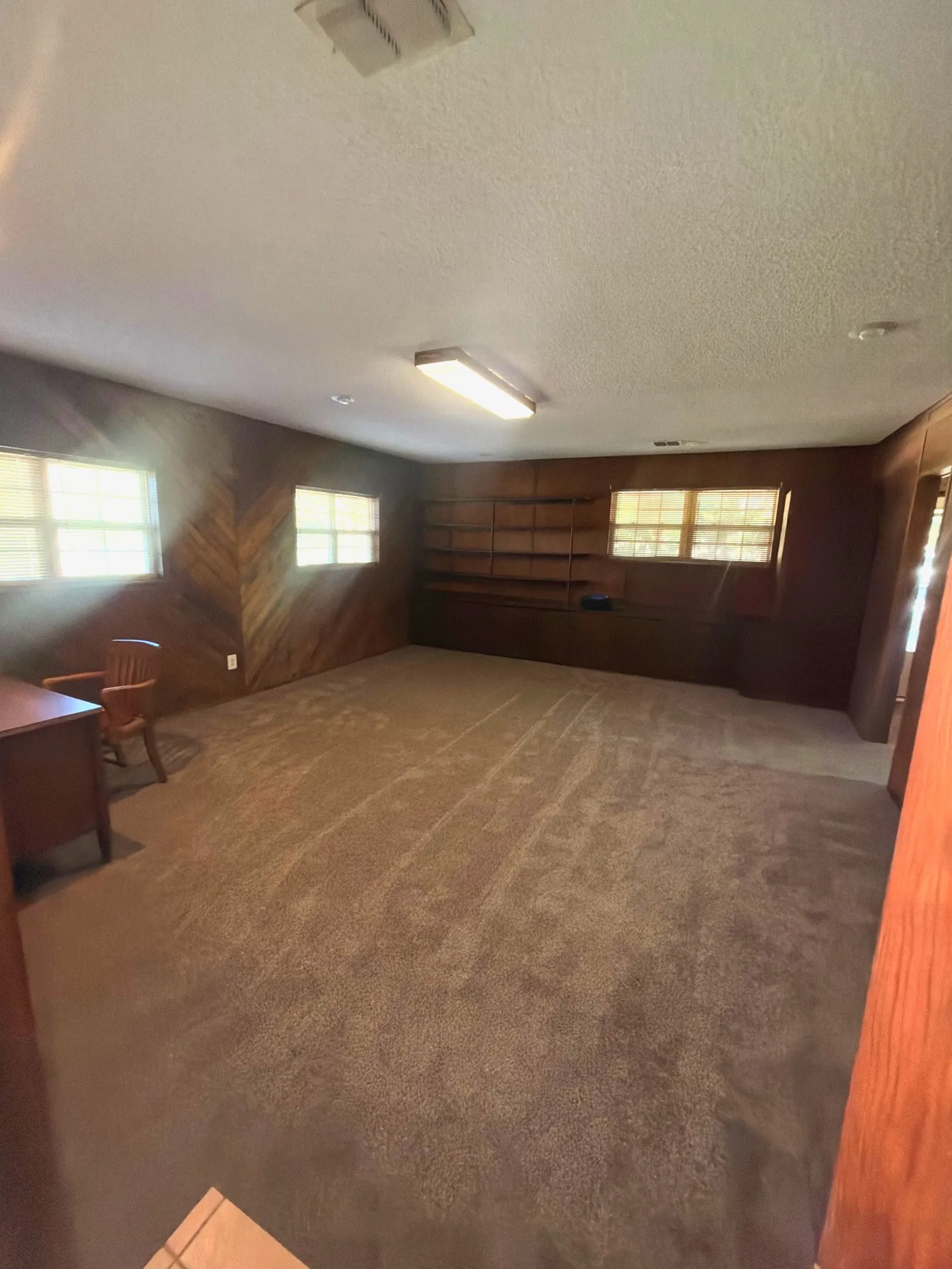 Built-in shelving, multiple windows, textured carpeting, and wood-paneled walls