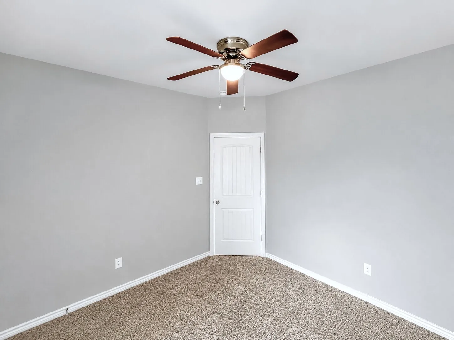Neutral gray wall paint, textured carpet flooring, and a white six-panel door with brushed nickel hardware