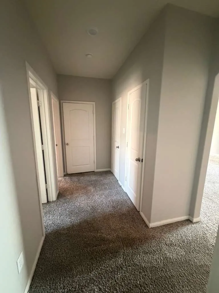 Hallway with light gray walls, dark gray carpeting, recessed ceiling lighting, and multiple white panel doors