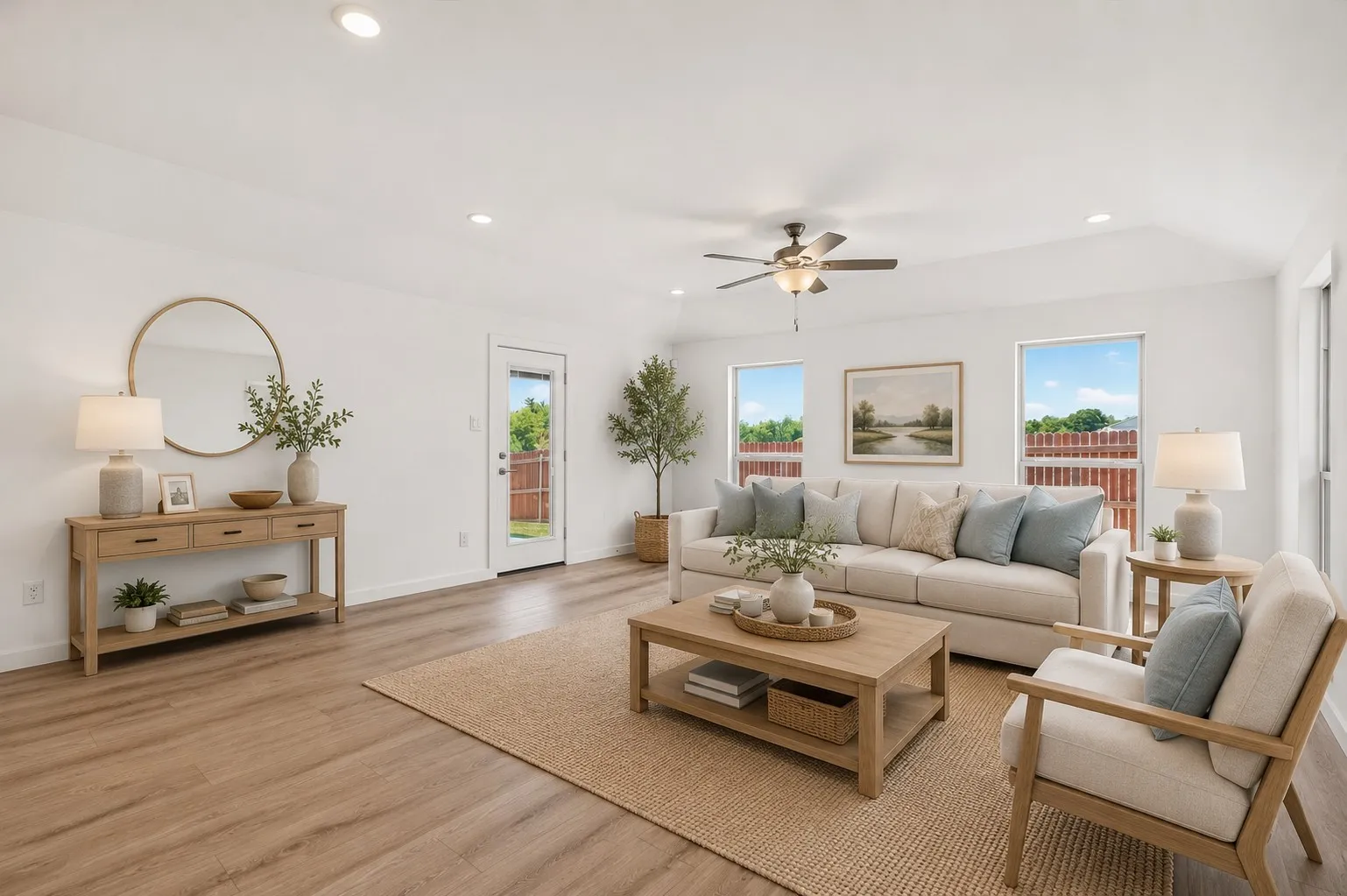 Bright living area featuring wood-finish flooring, recessed lighting, and a ceiling fan