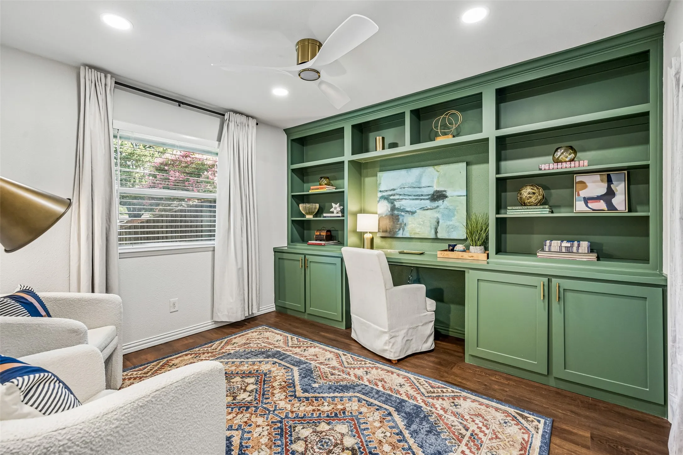 The private versatile fourth bedroom offers great built-in storage and work space. Easily furnished as a guest bedroom, or playroom, or studio, or office. Another large window for more natural light.
