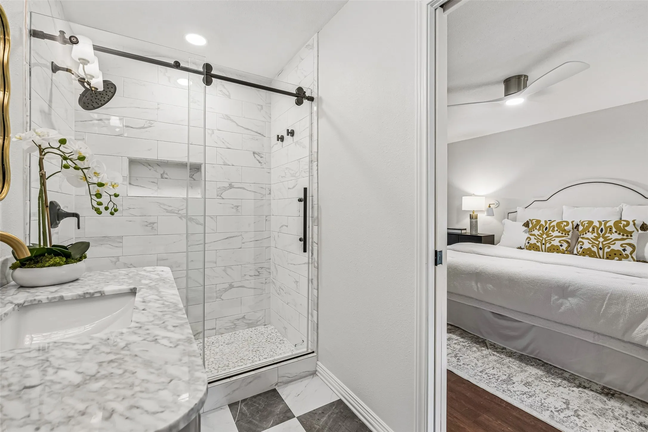 A pocket door neatly tucks away without consuming valuable wall space.