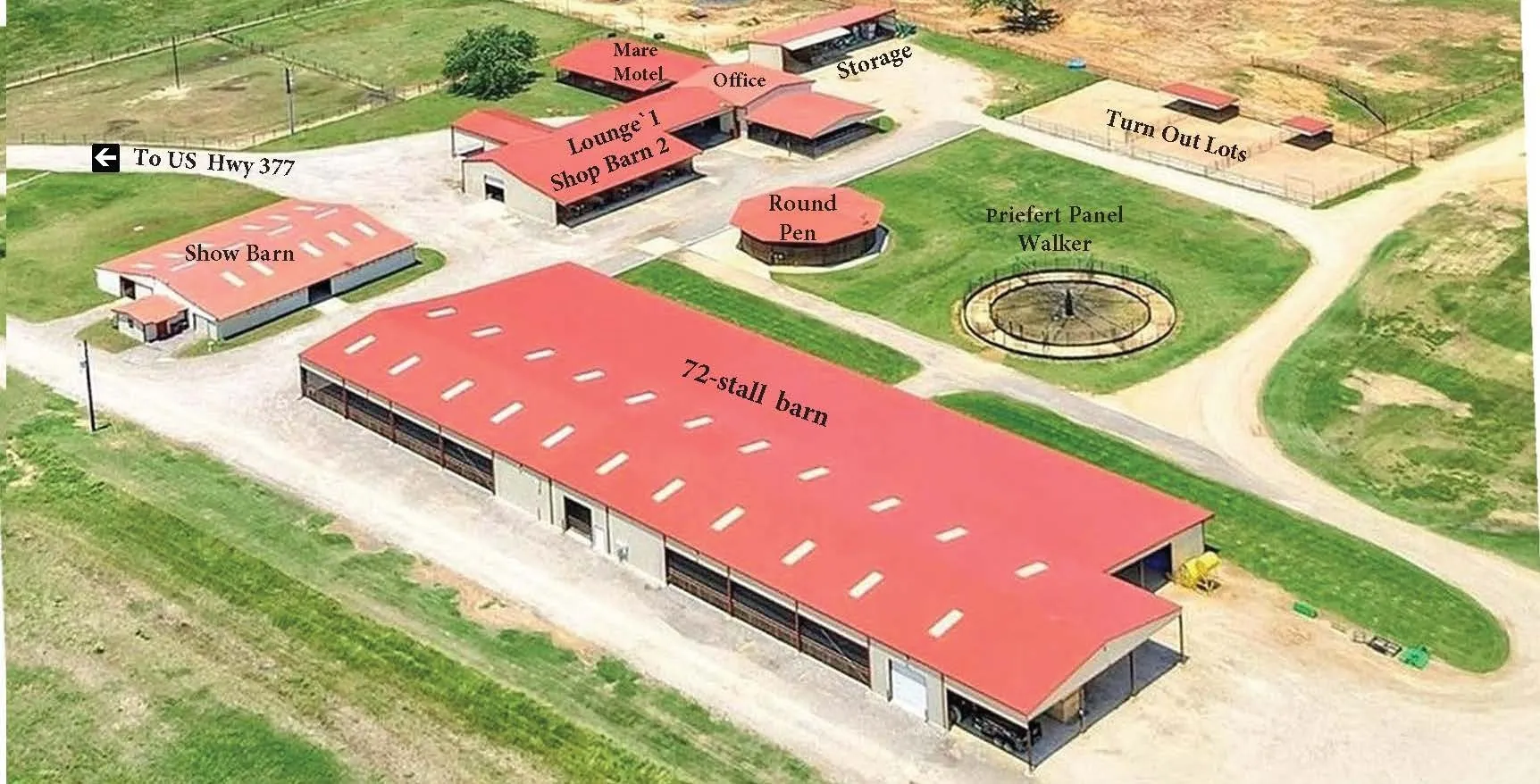 Equine facilities layout - showing barns, lounge, mare motel, etc.