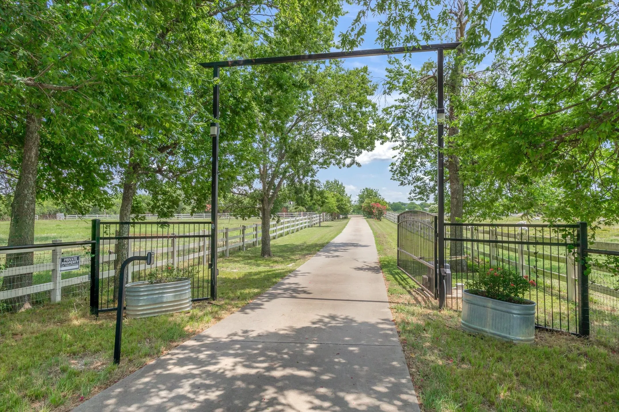 Gated entrance with concrete drive ton home.