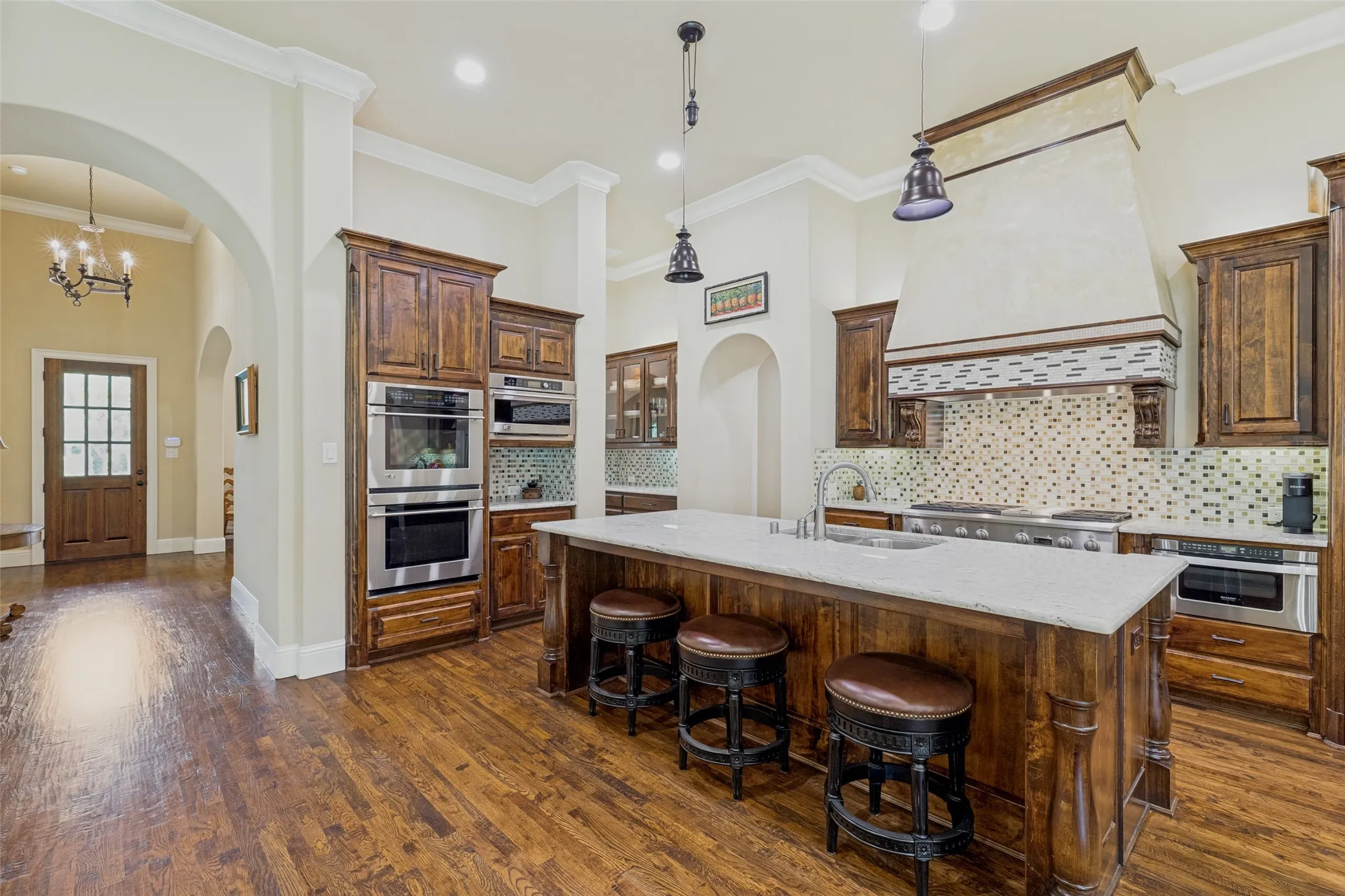 Double ovens are always a plus in a kitchen, and a pair of GE Monogram ovens are available in this well-equipped kitchen.  And, how many times have you said, "I wish I had two microwaves!"  This kitchen answers that wish with both a door-style and a Sharp Insite Pro drawer-style microwave!